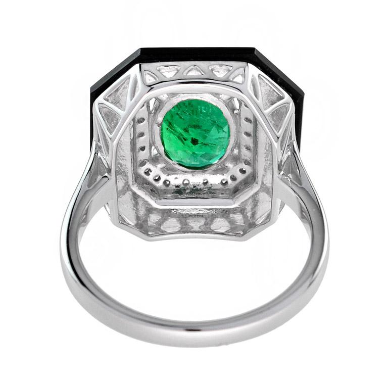 Art Deco Style Green Zambian Emerald & Diamond Black Onyx White Gold Shield Ring In New Condition For Sale In Oakton, VA