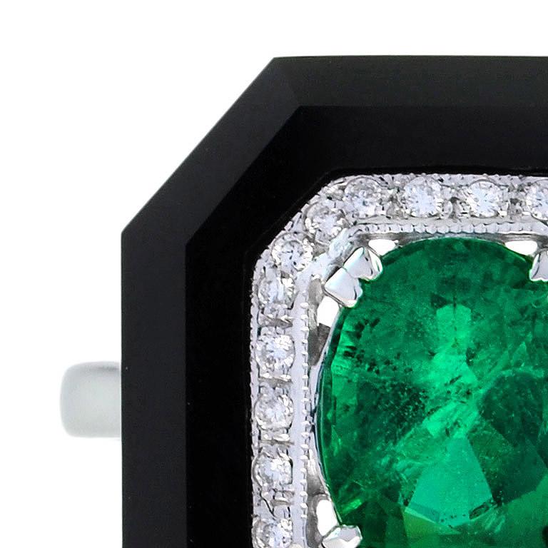 Women's Art Deco Style Green Zambian Emerald & Diamond Black Onyx White Gold Shield Ring For Sale