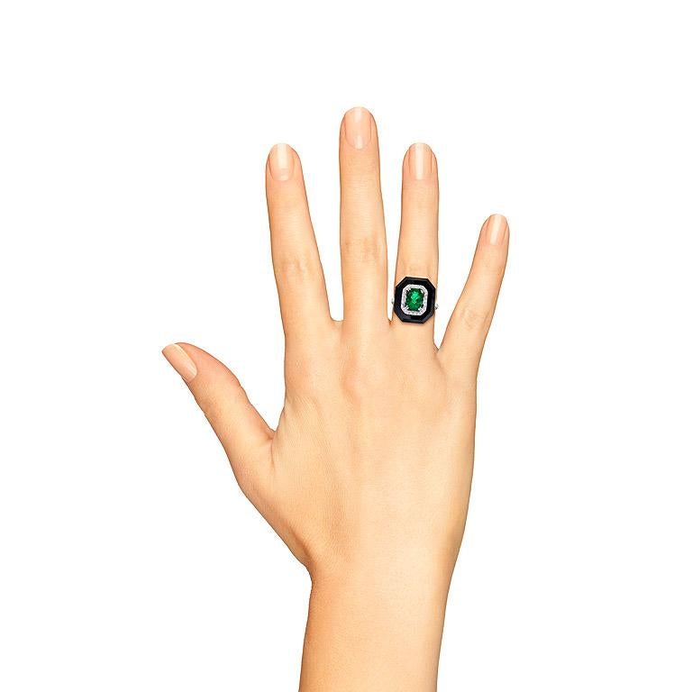 Art Deco Style Green Zambian Emerald & Diamond Black Onyx White Gold Shield Ring For Sale 2