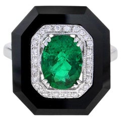 Art Deco Style Green Zambian Emerald & Diamond Black Onyx White Gold Shield Ring