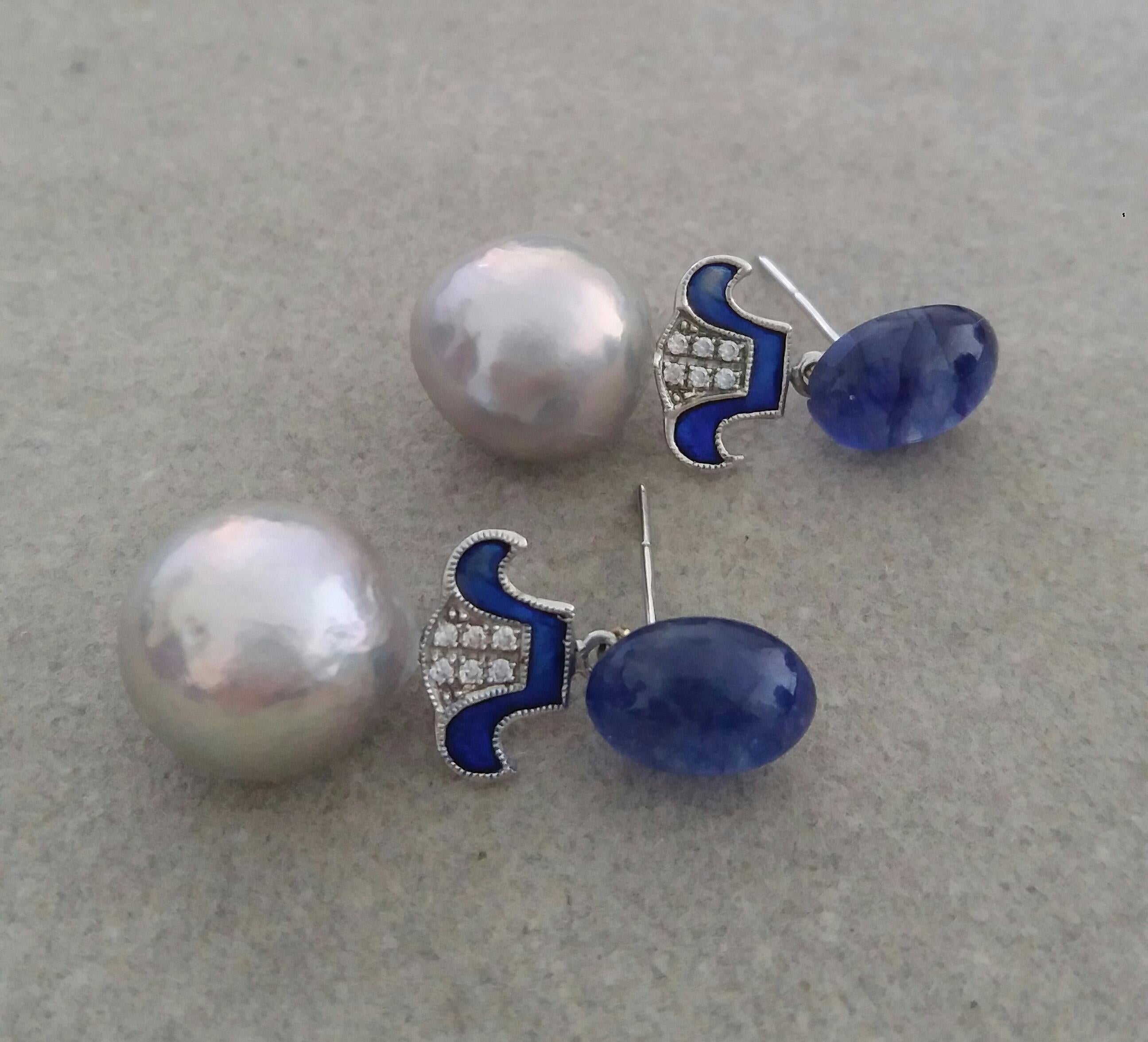 Cabochon Art Deco Style Grey Baroque Pearls Gold Diamonds Blue Sapphire Enamel Earrings For Sale