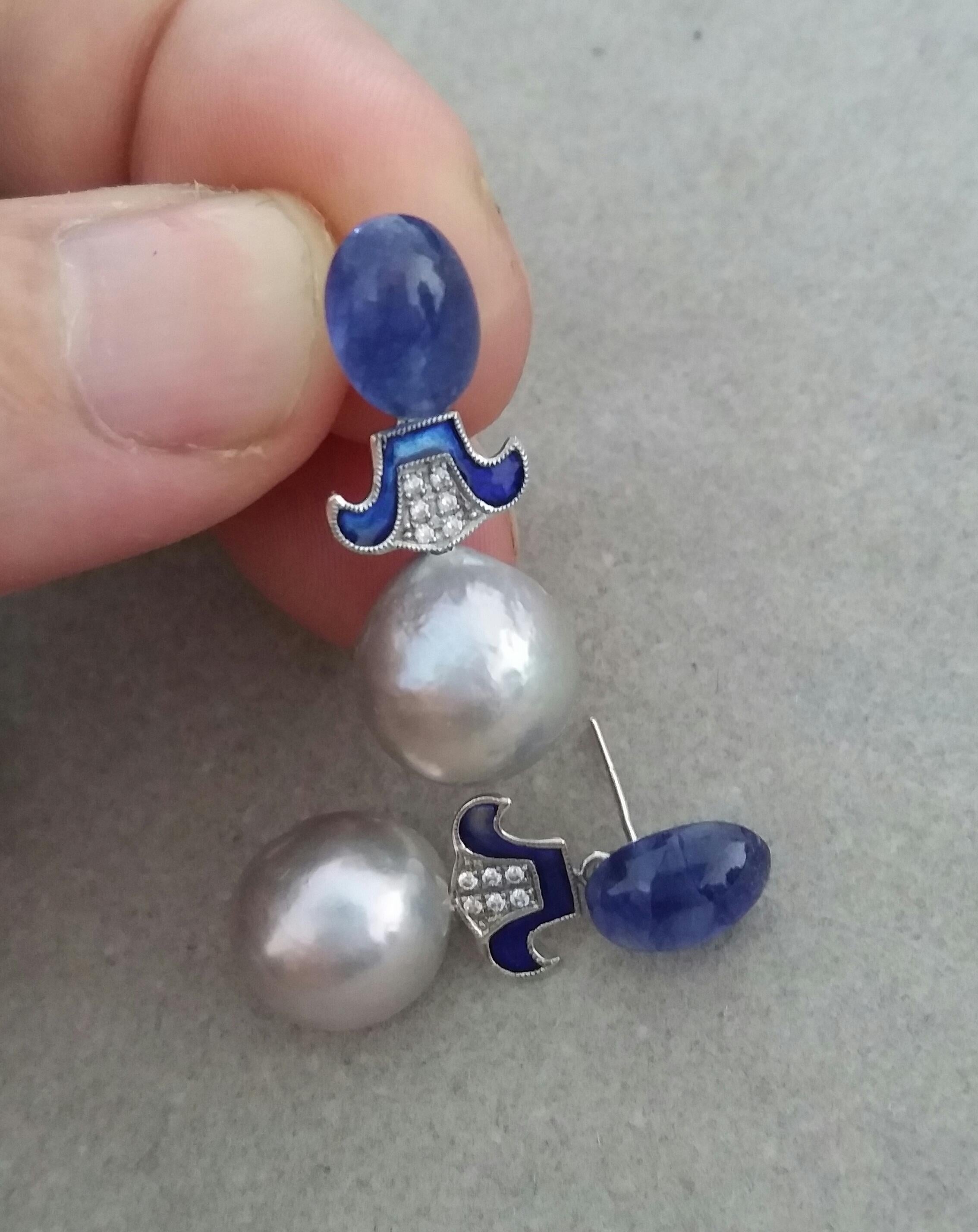 Art Deco Style Grey Baroque Pearls Gold Diamonds Blue Sapphire Enamel Earrings In Good Condition For Sale In Bangkok, TH