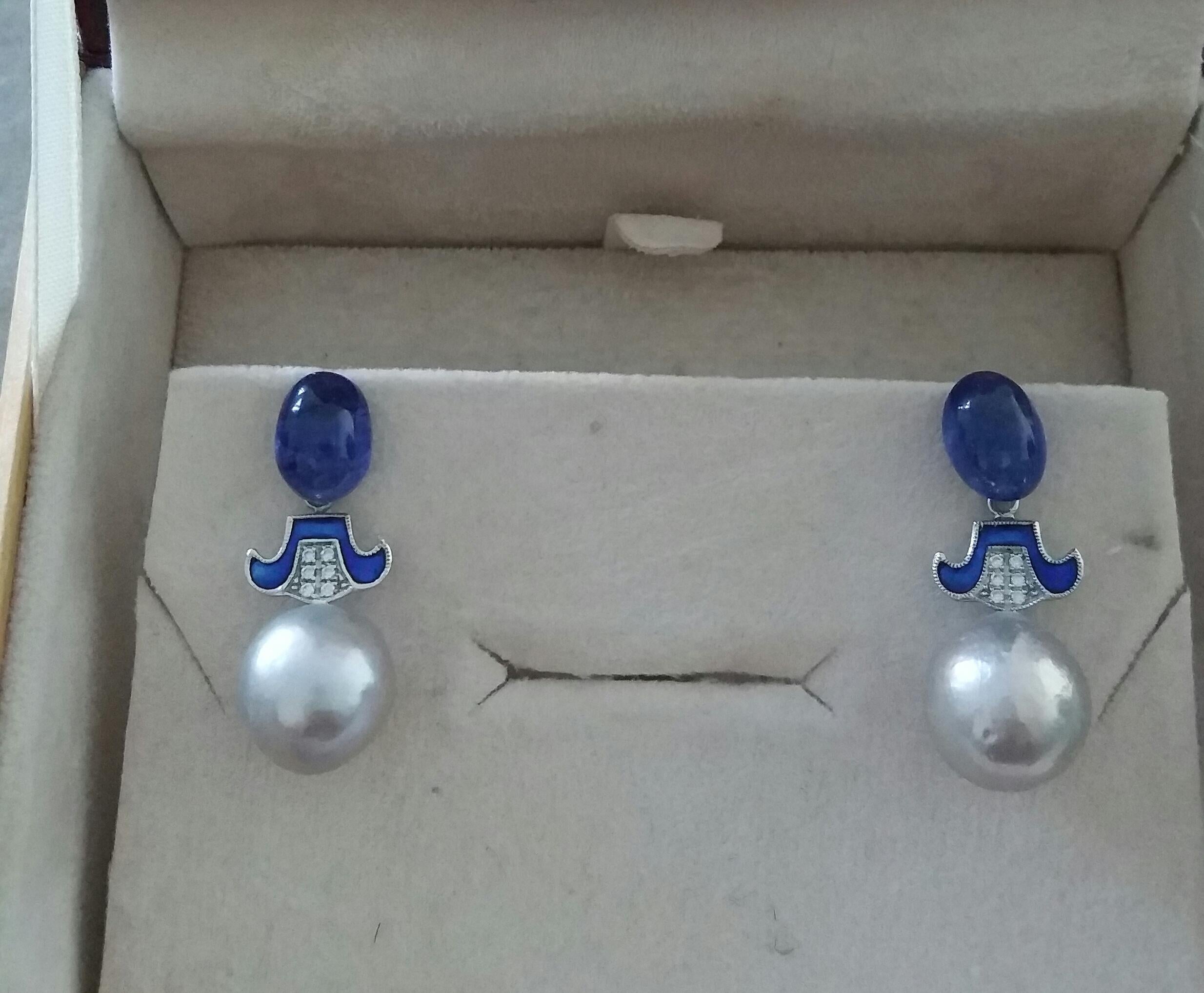 Women's Art Deco Style Grey Baroque Pearls Gold Diamonds Blue Sapphire Enamel Earrings For Sale