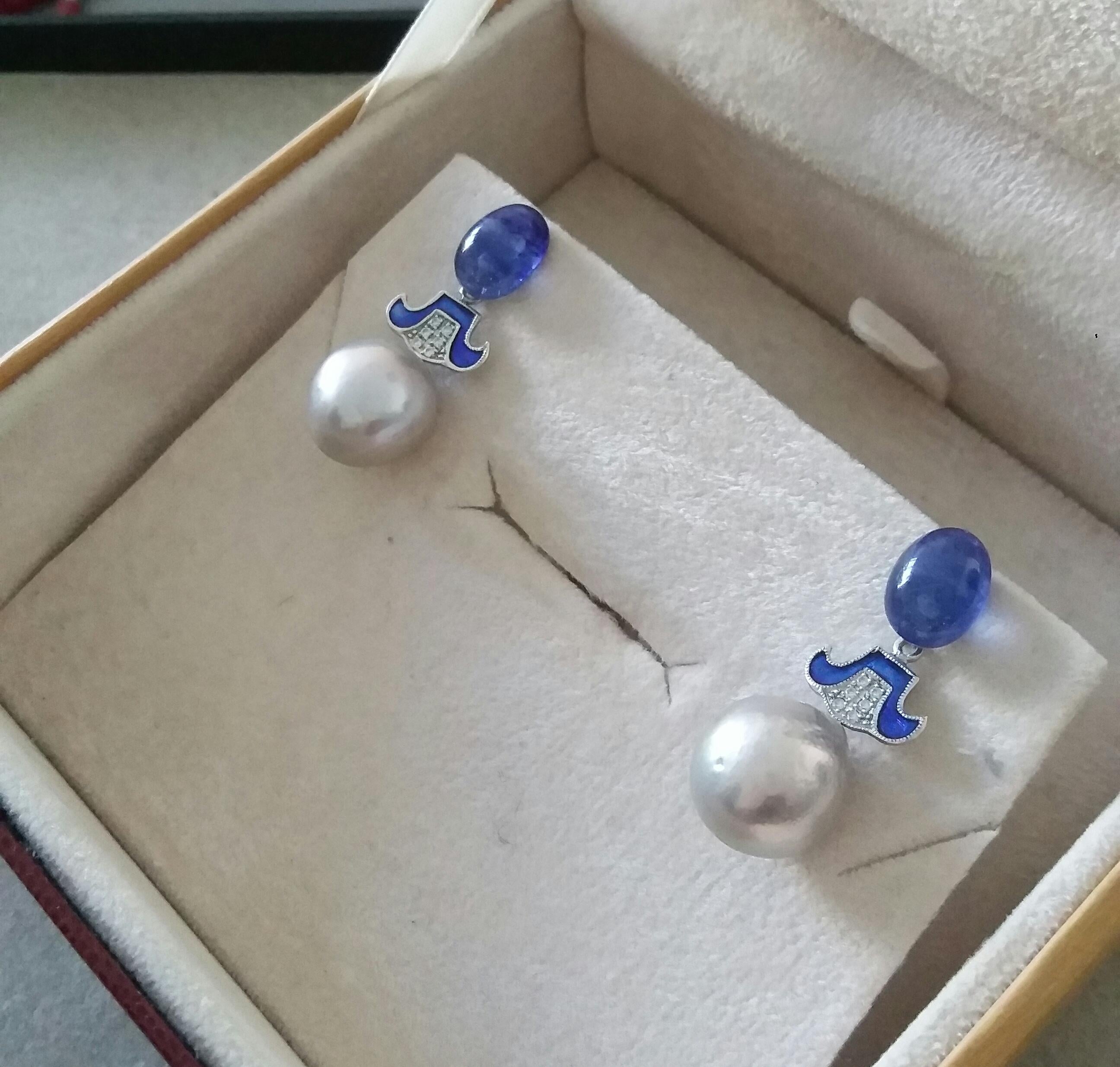 Art Deco Style Grey Baroque Pearls Gold Diamonds Blue Sapphire Enamel Earrings For Sale 1