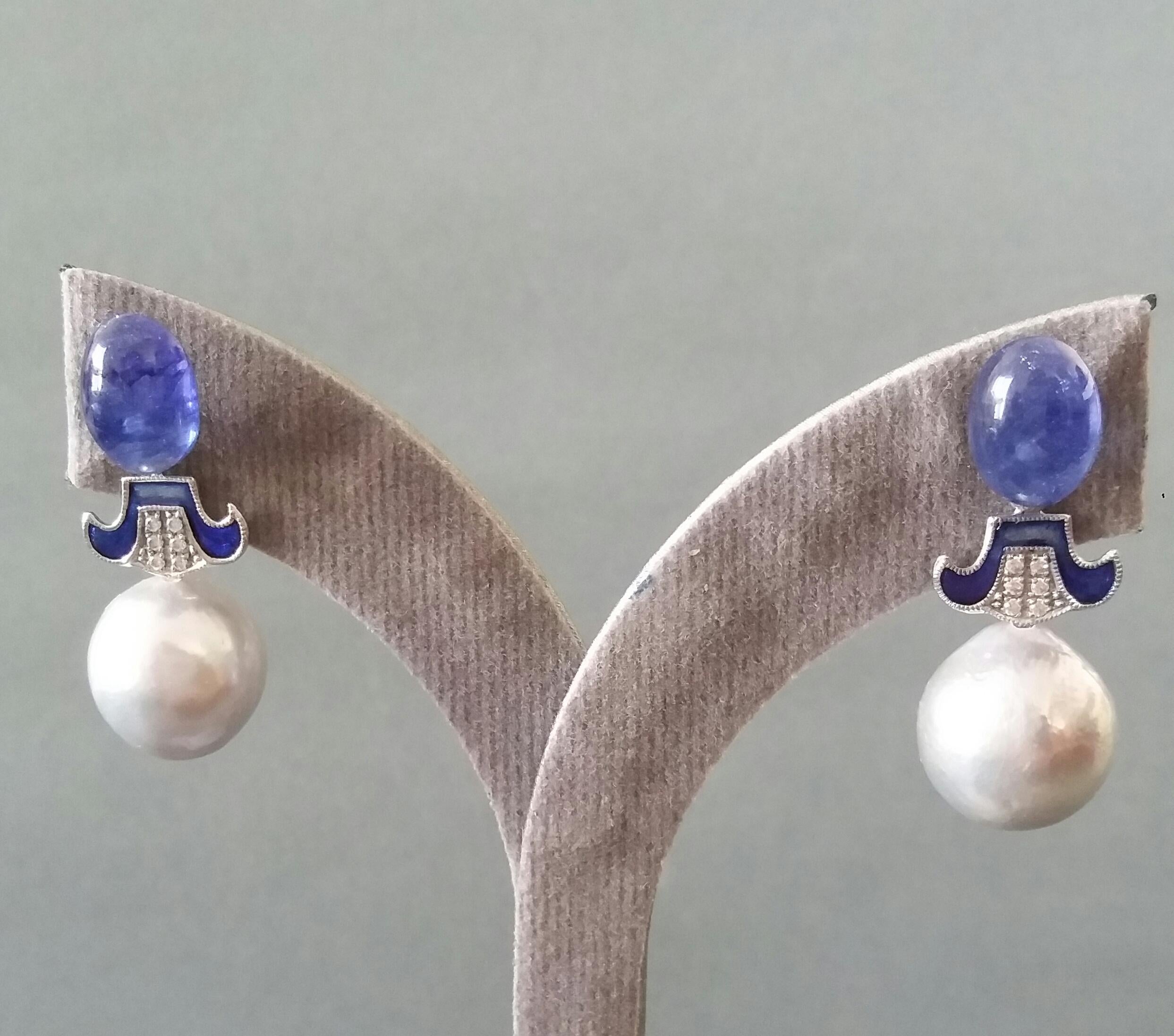 Art Deco Style Grey Baroque Pearls Gold Diamonds Blue Sapphire Enamel Earrings For Sale 2