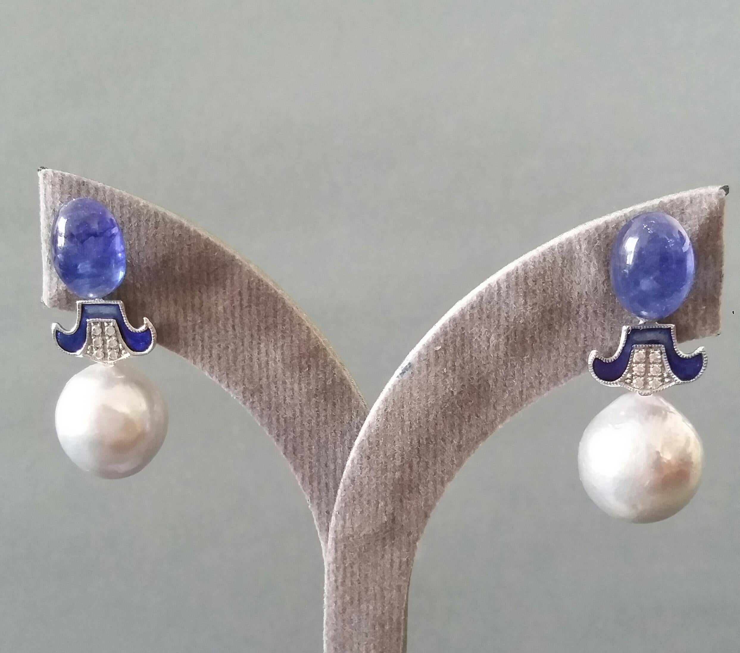 Art Deco Style Grey Baroque Pearls Gold Diamonds Blue Sapphire Enamel Earrings 2