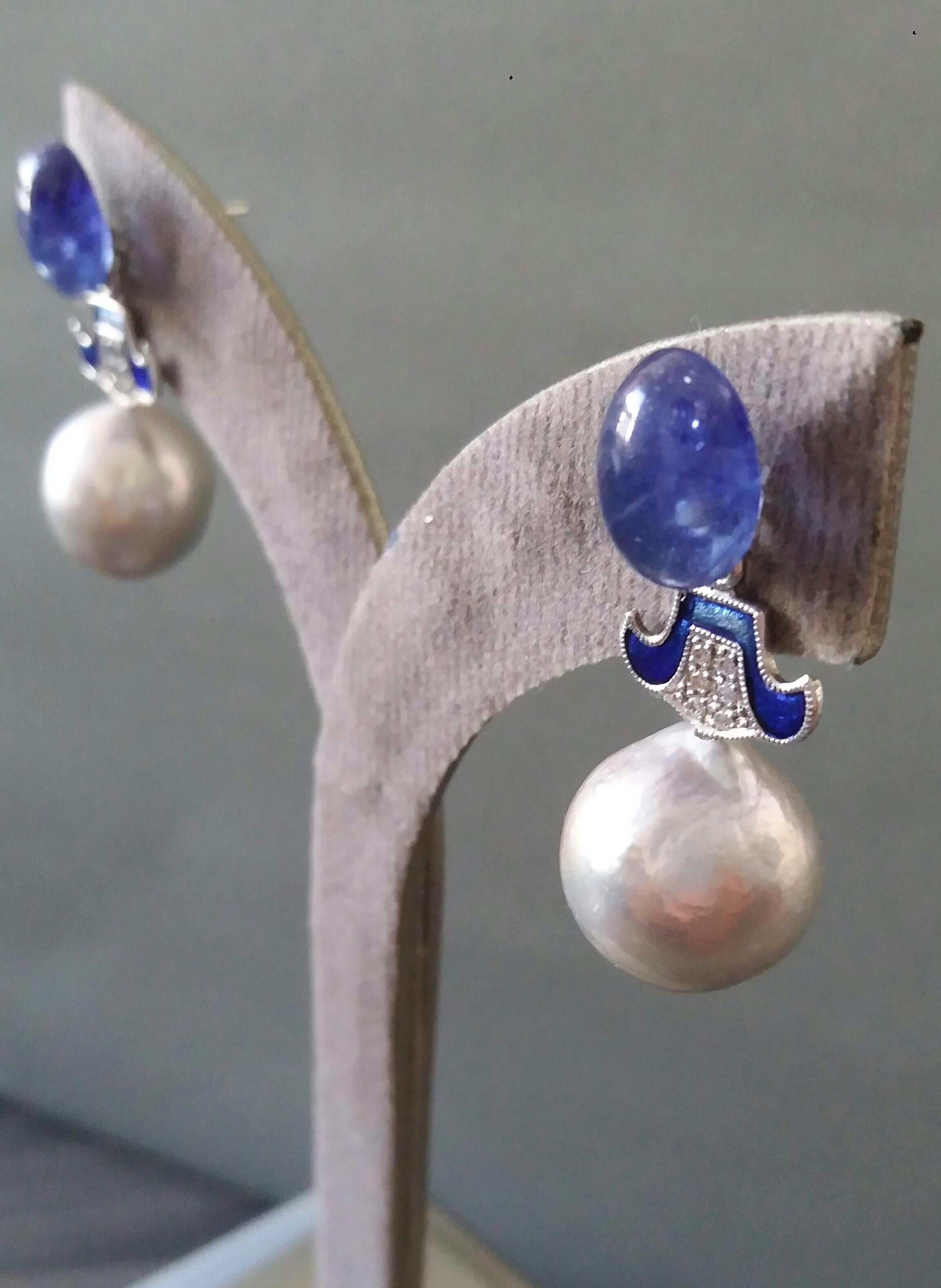 Art Deco Style Grey Baroque Pearls Gold Diamonds Blue Sapphire Enamel Earrings For Sale 3