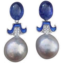 Art Deco Style Grey Baroque Pearls Gold Diamonds Blue Sapphire Enamel Earrings