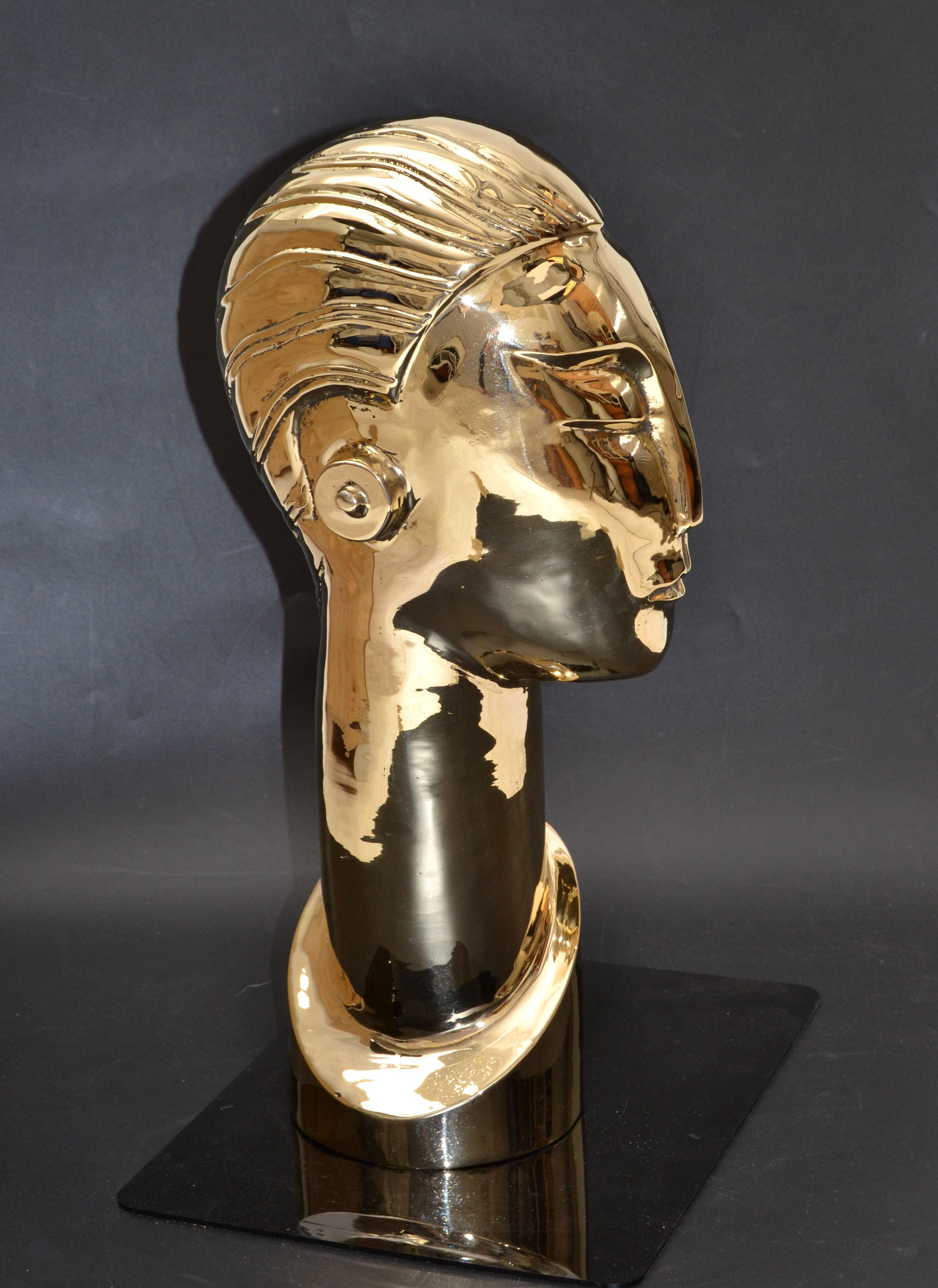 Polished Art Deco Style Hagenauer Manner Bronze Bust, Figurative Sculpture Elongated Neck For Sale