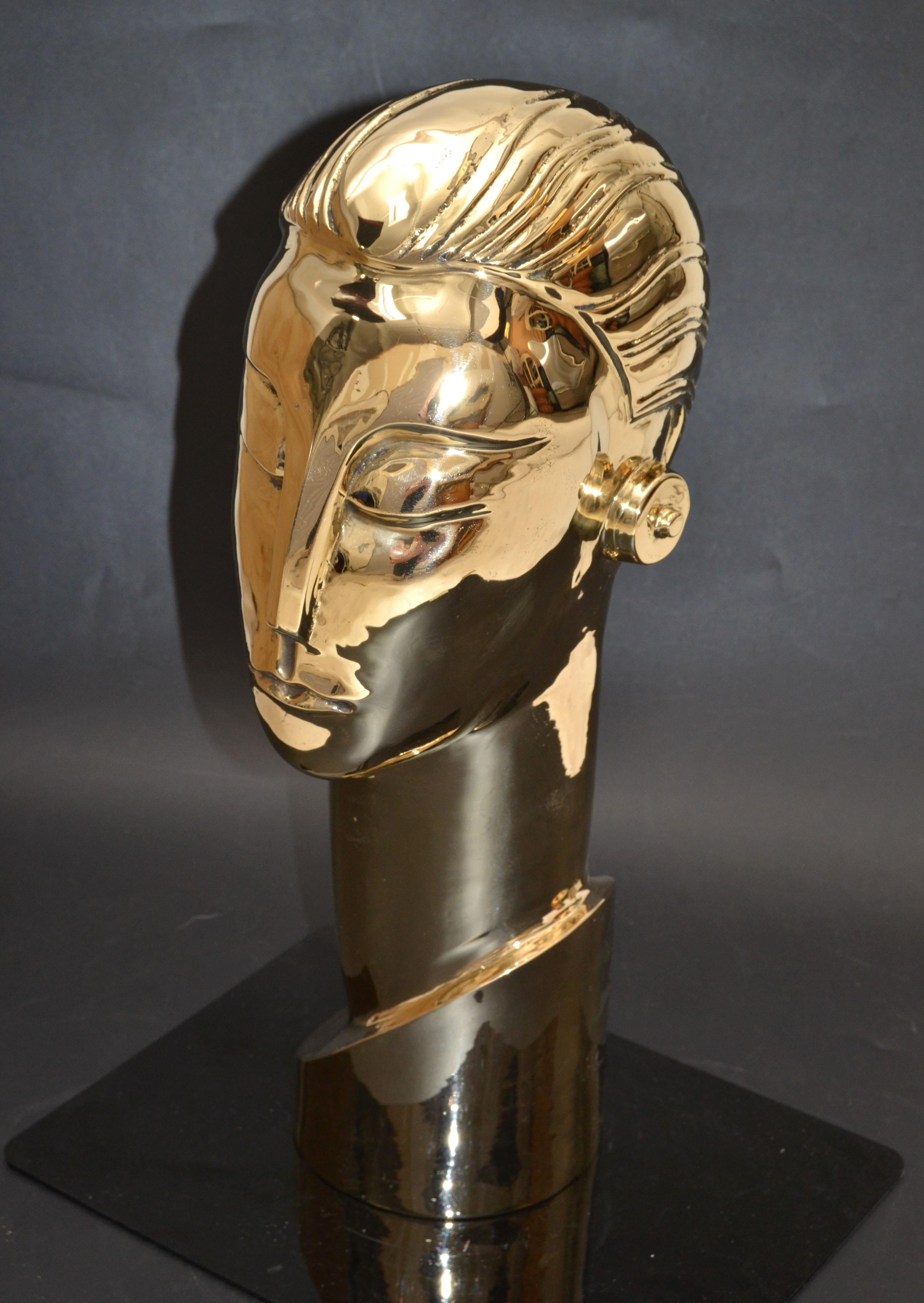 Art Deco Style Hagenauer Manner Bronze Bust, Figurative Sculpture Elongated Neck In Good Condition For Sale In Miami, FL