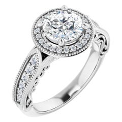 Art Deco Style Halo GIA Round Brilliant White Diamond Engagement Wedding Ring