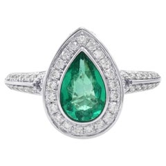 Art Deco Style Halo Pear Cut Natural Emerald Diamond Engagement Ring in 18k Gold