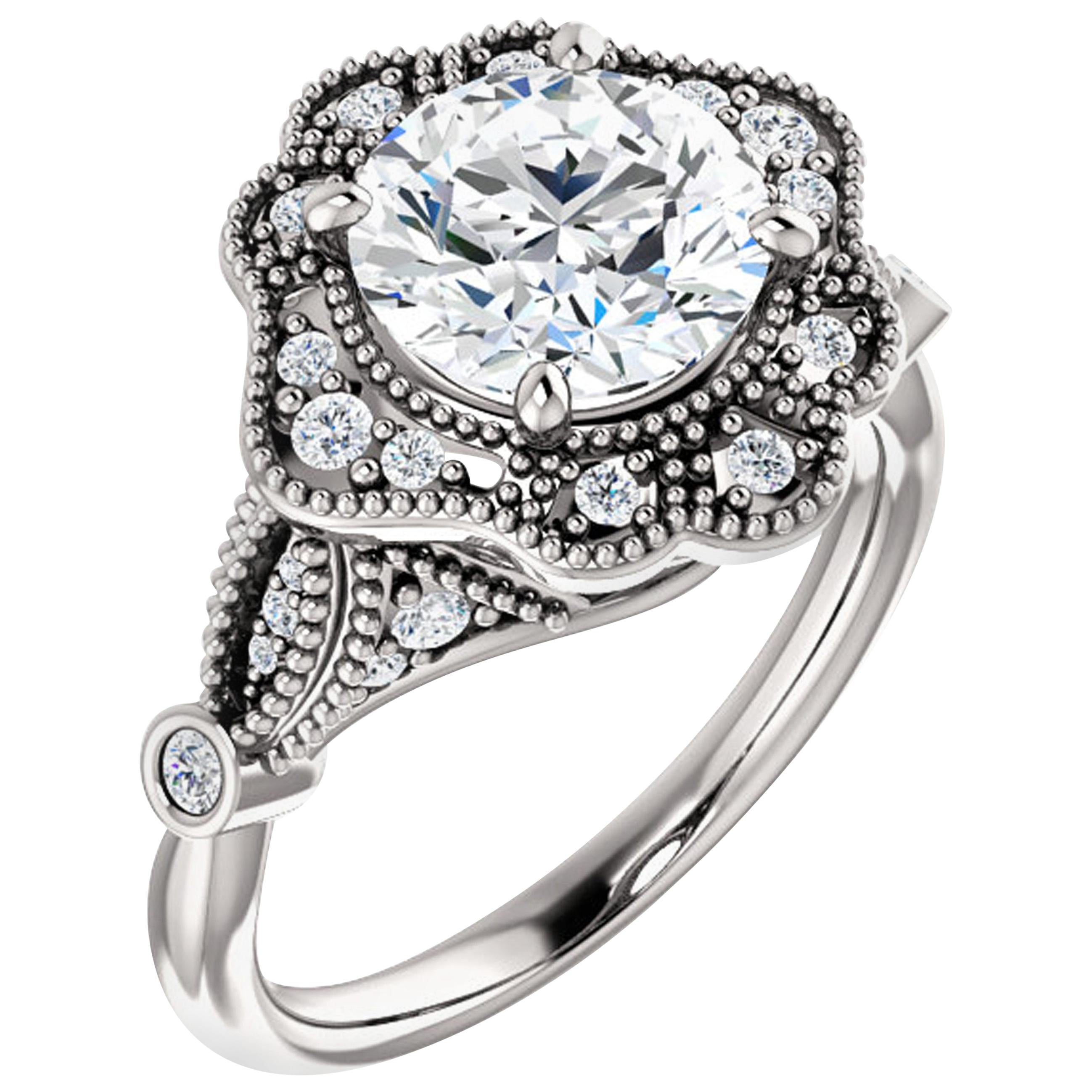 Art Deco Style Halo Round Moissanite Diamond Wedding Ring 14k Gold 3.76 Carats For Sale
