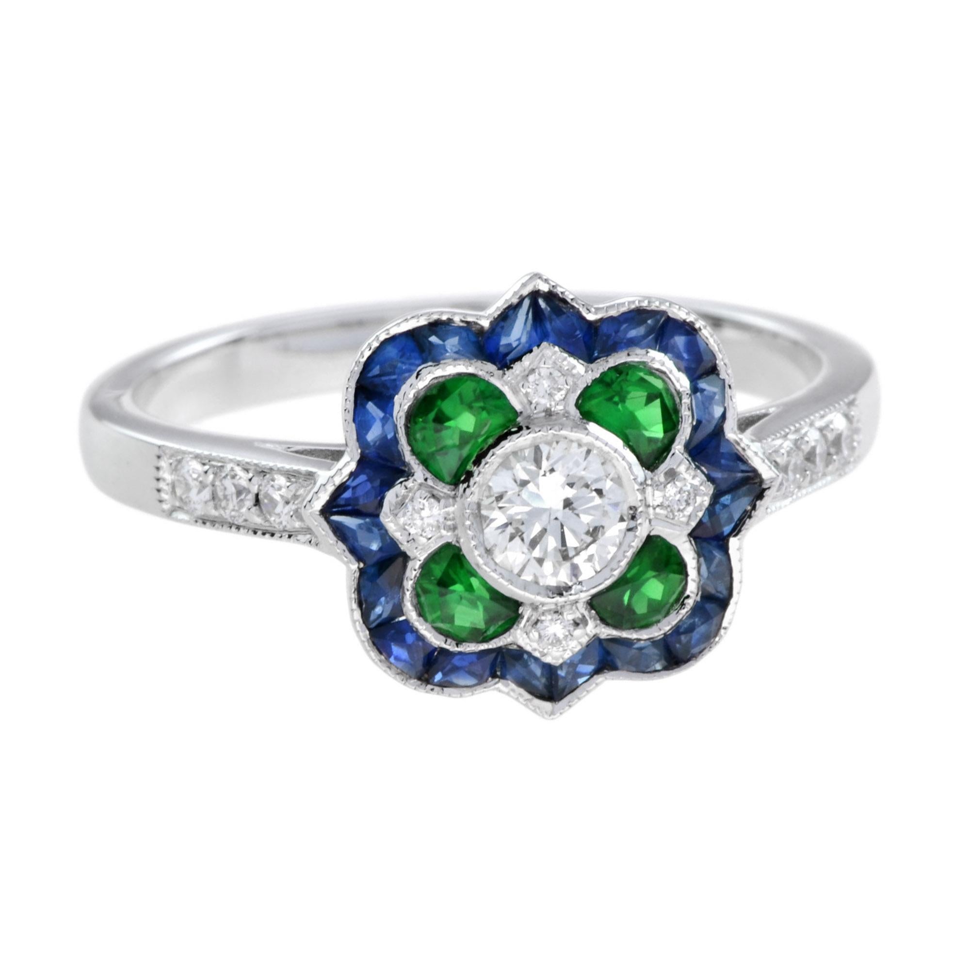 Simple and dainty, with just a touch of geometric patterns to add interest and sparkle. This delicate Art Deco-inspired engagement setting is made to order to fit the exact size with the center diamond with emerald and sapphire halo.
Ring