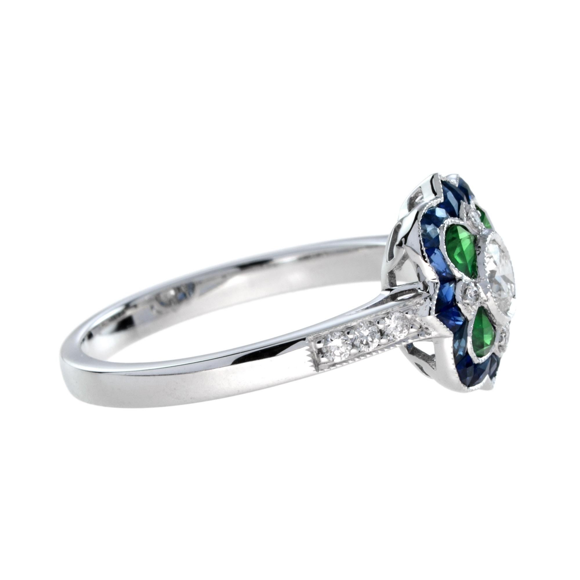 Art Déco Art Deco Style Halo Set Diamond with Emerald & Blue Sapphire 14K White Gold Ring in vendita
