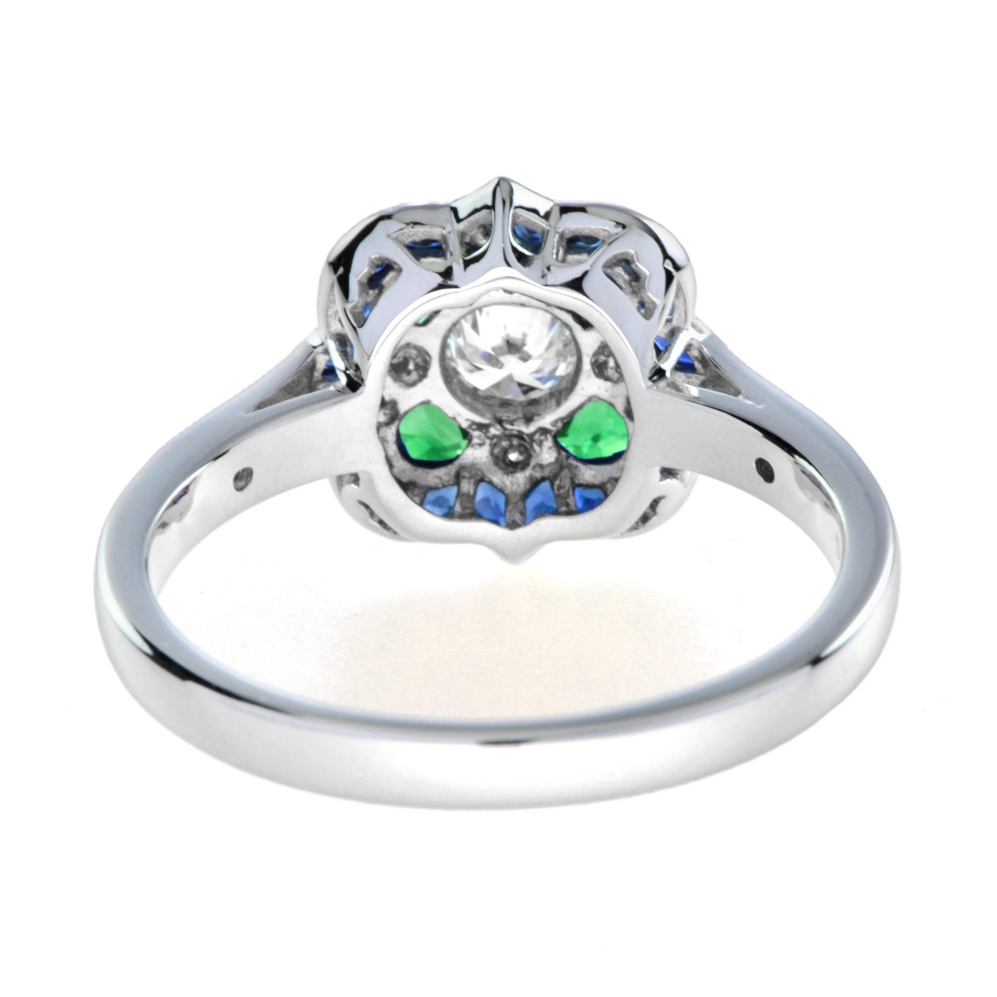 Taglio rotondo Art Deco Style Halo Set Diamond with Emerald & Blue Sapphire 14K White Gold Ring in vendita