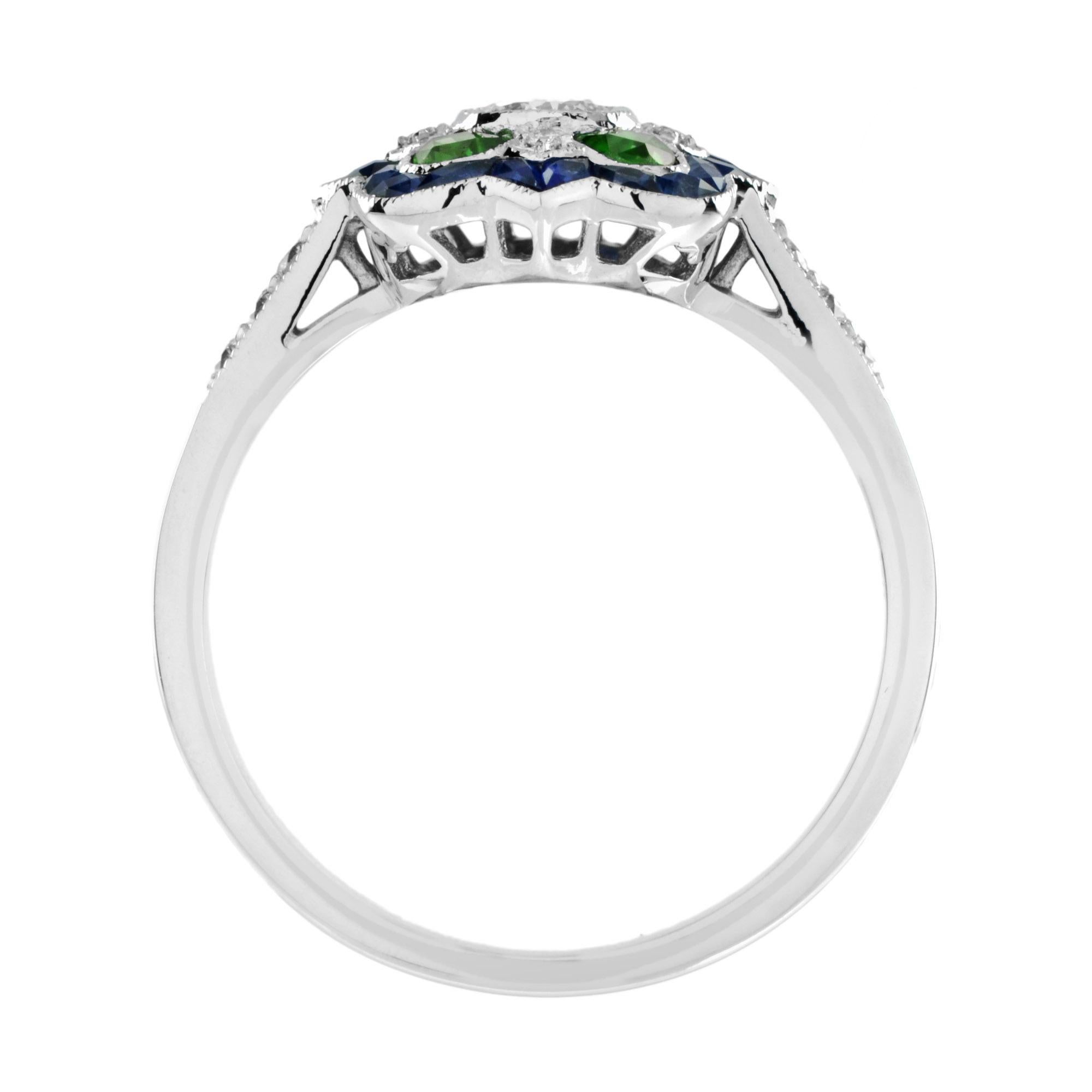 Art Deco Style Halo Set Diamond with Emerald & Blue Sapphire 14K White Gold Ring In condizioni Nuovo in vendita a Oakton, VA