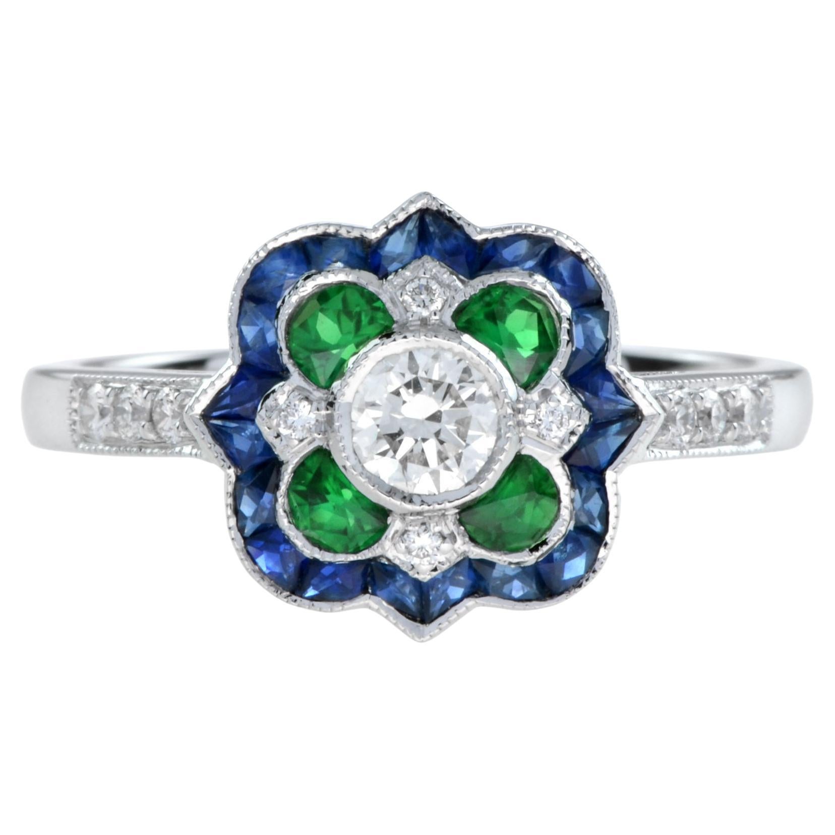 Art Deco Style Halo Set Diamond with Emerald & Blue Sapphire 14K White Gold Ring