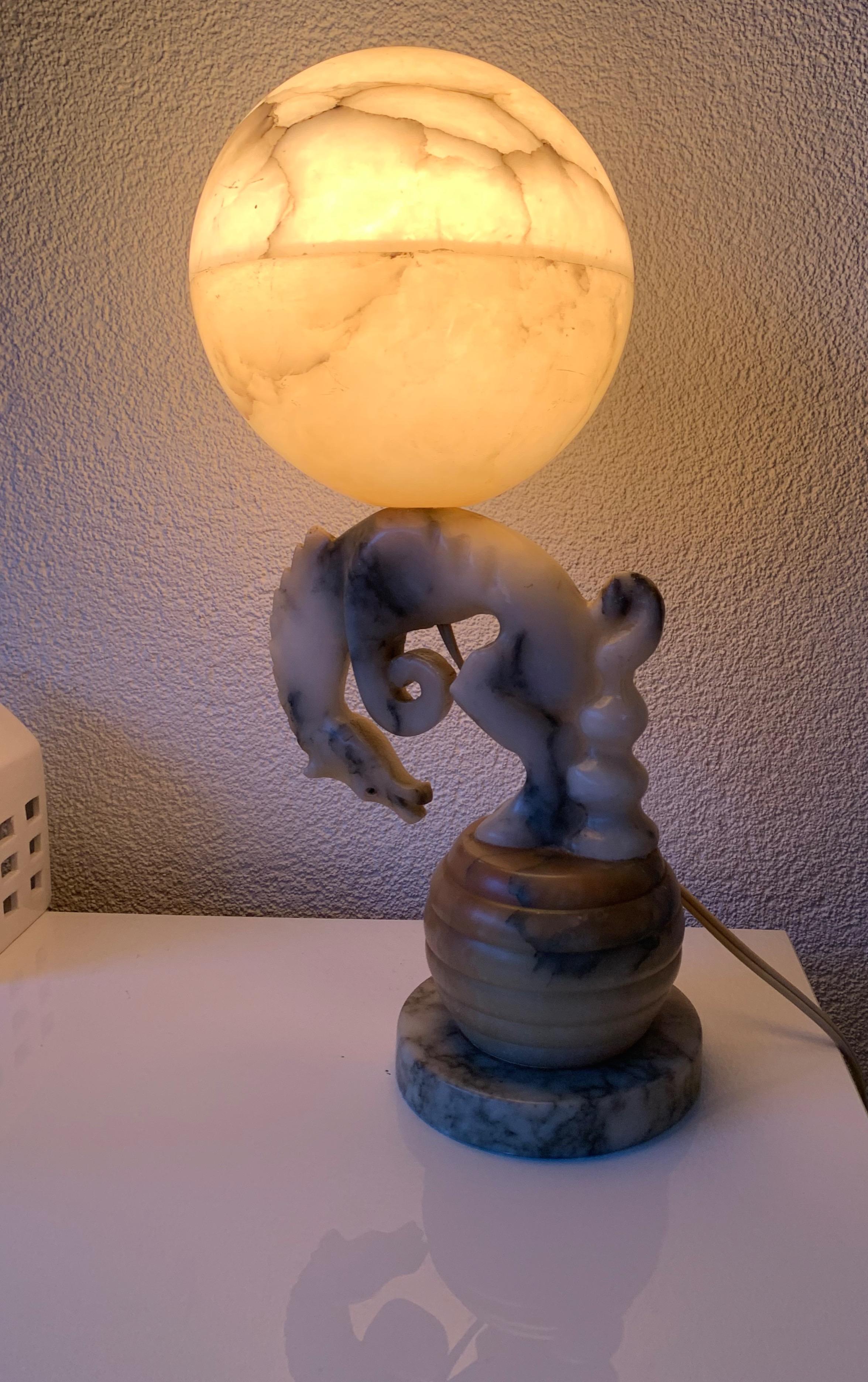 Art Deco Hand Carved Marble Bucking Rodeo Horse & Alabaster Light Table Lamp For Sale 2