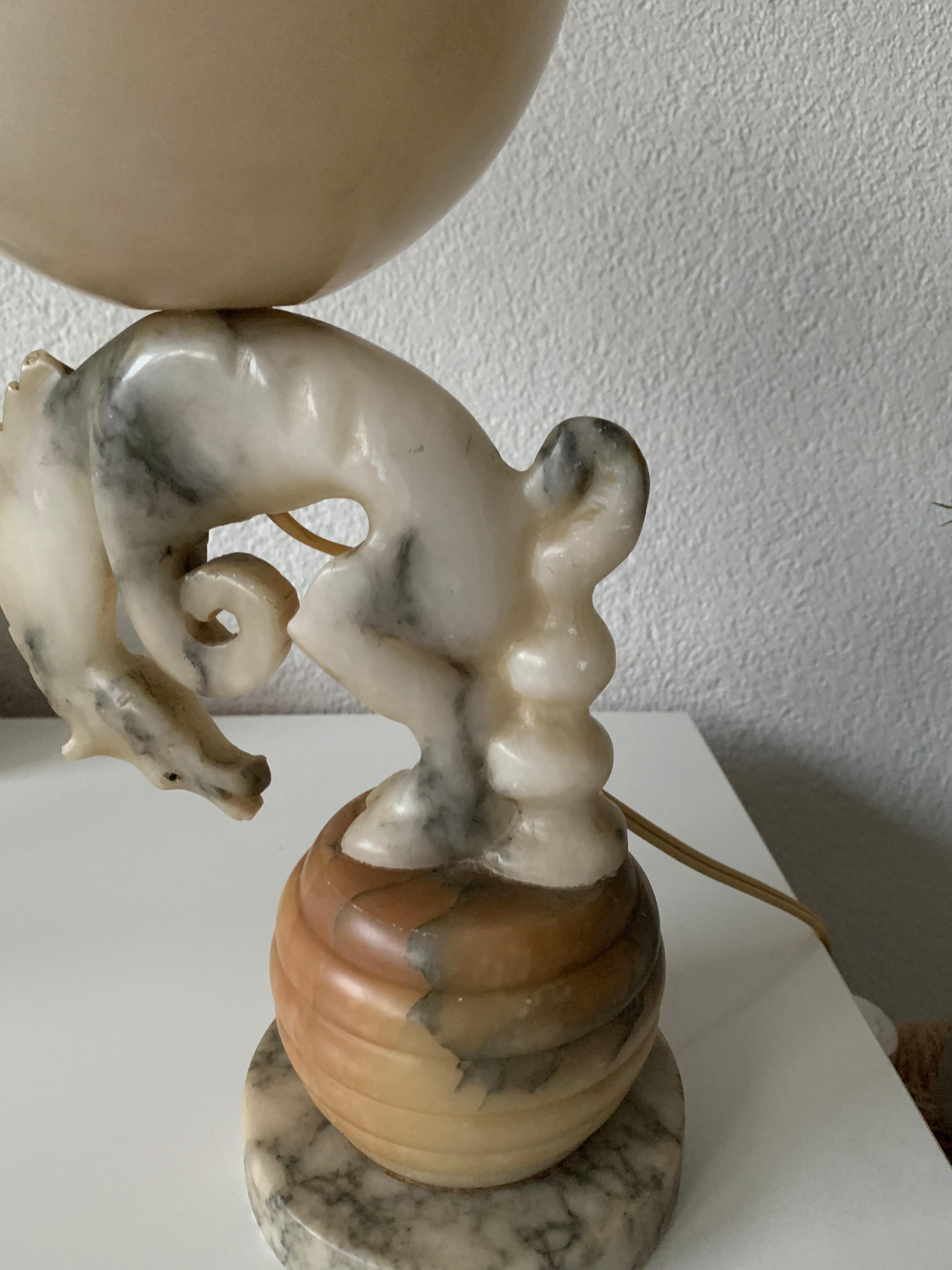 Art Deco Hand Carved Marble Bucking Rodeo Horse & Alabaster Light Table Lamp For Sale 3