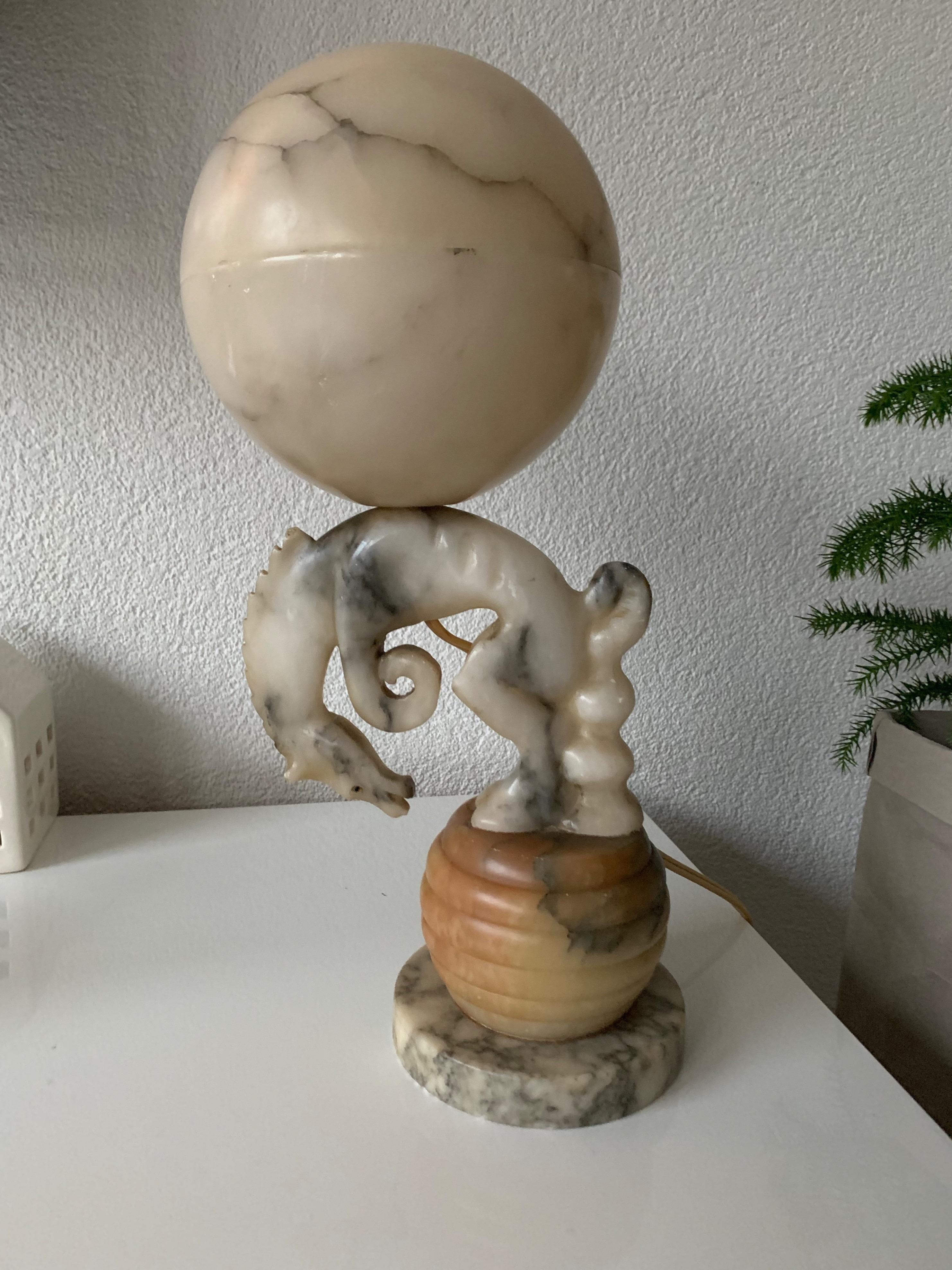 Art Deco Hand Carved Marble Bucking Rodeo Horse & Alabaster Light Table Lamp For Sale 7
