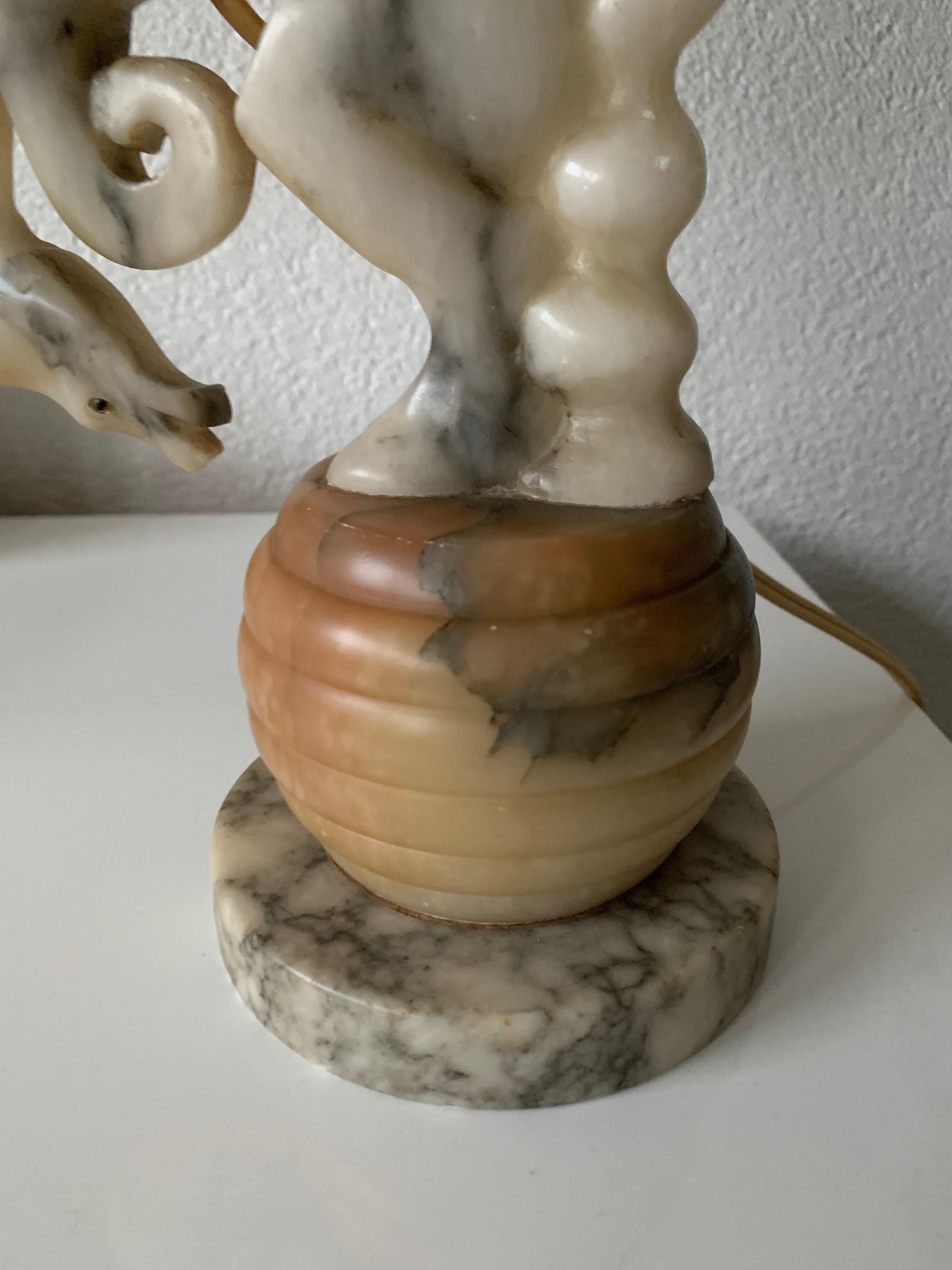 Art Deco Hand Carved Marble Bucking Rodeo Horse & Alabaster Light Table Lamp For Sale 10