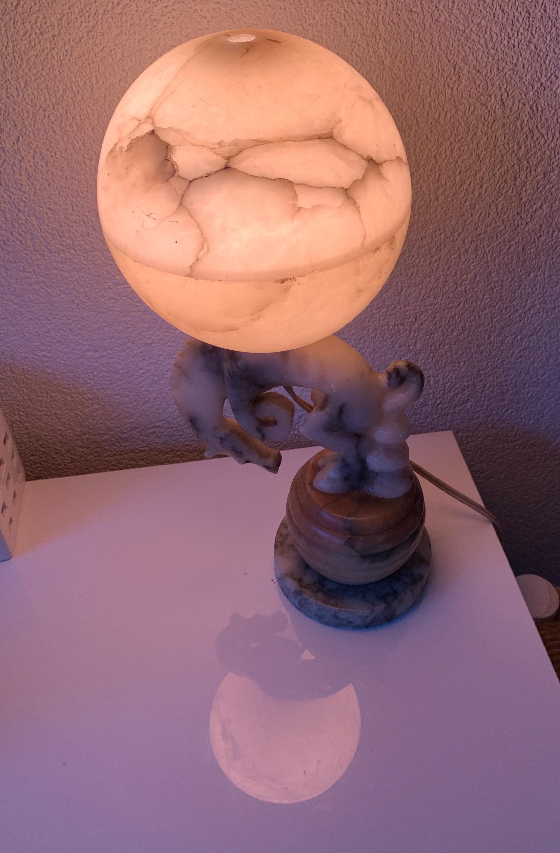Mid-Century Modern Art Deco Hand Carved Marble Bucking Rodeo Horse & Alabaster Light Table Lamp For Sale