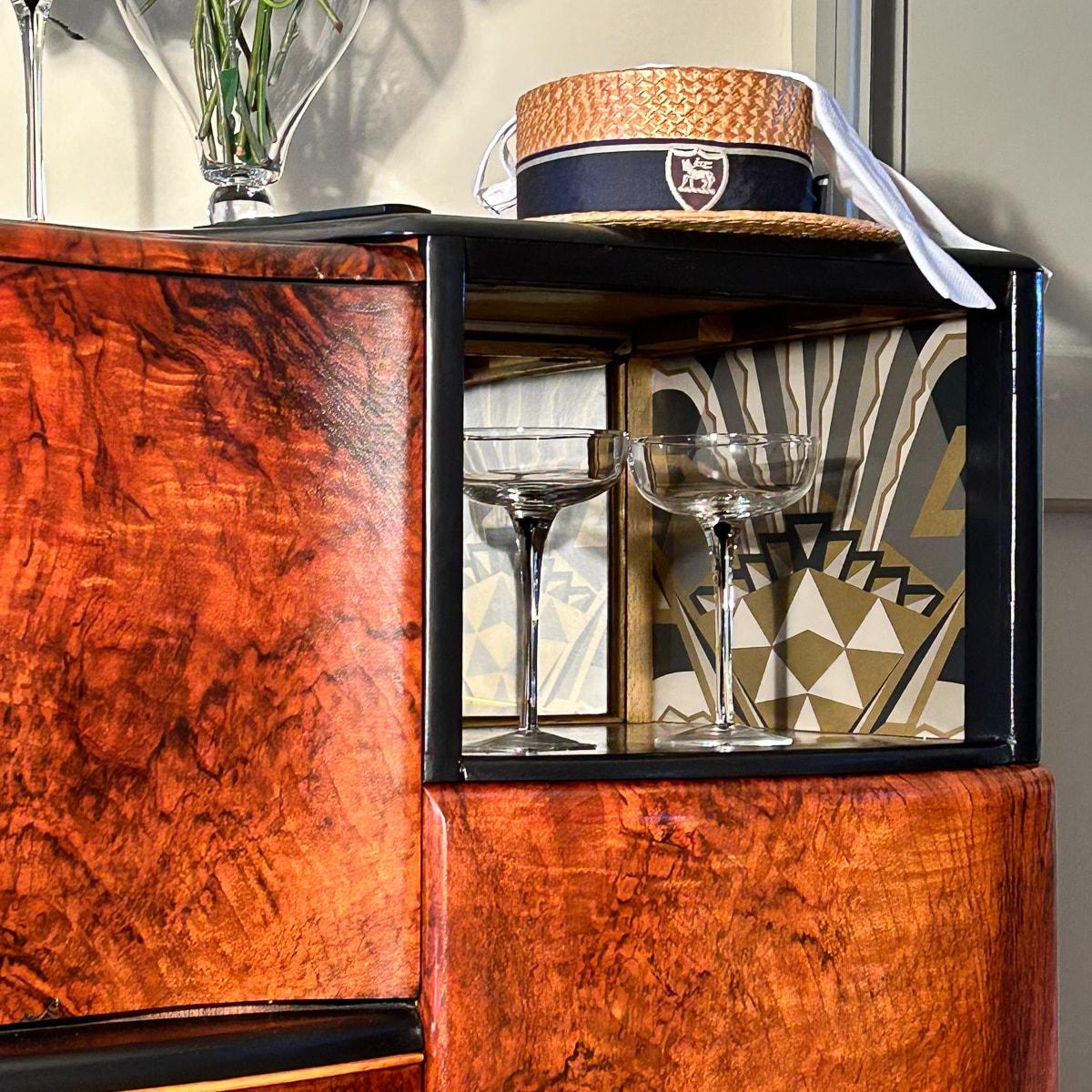 Art Deco Style Hand Painted Walnut Veneered Cocktail Bar Cabinet 8
