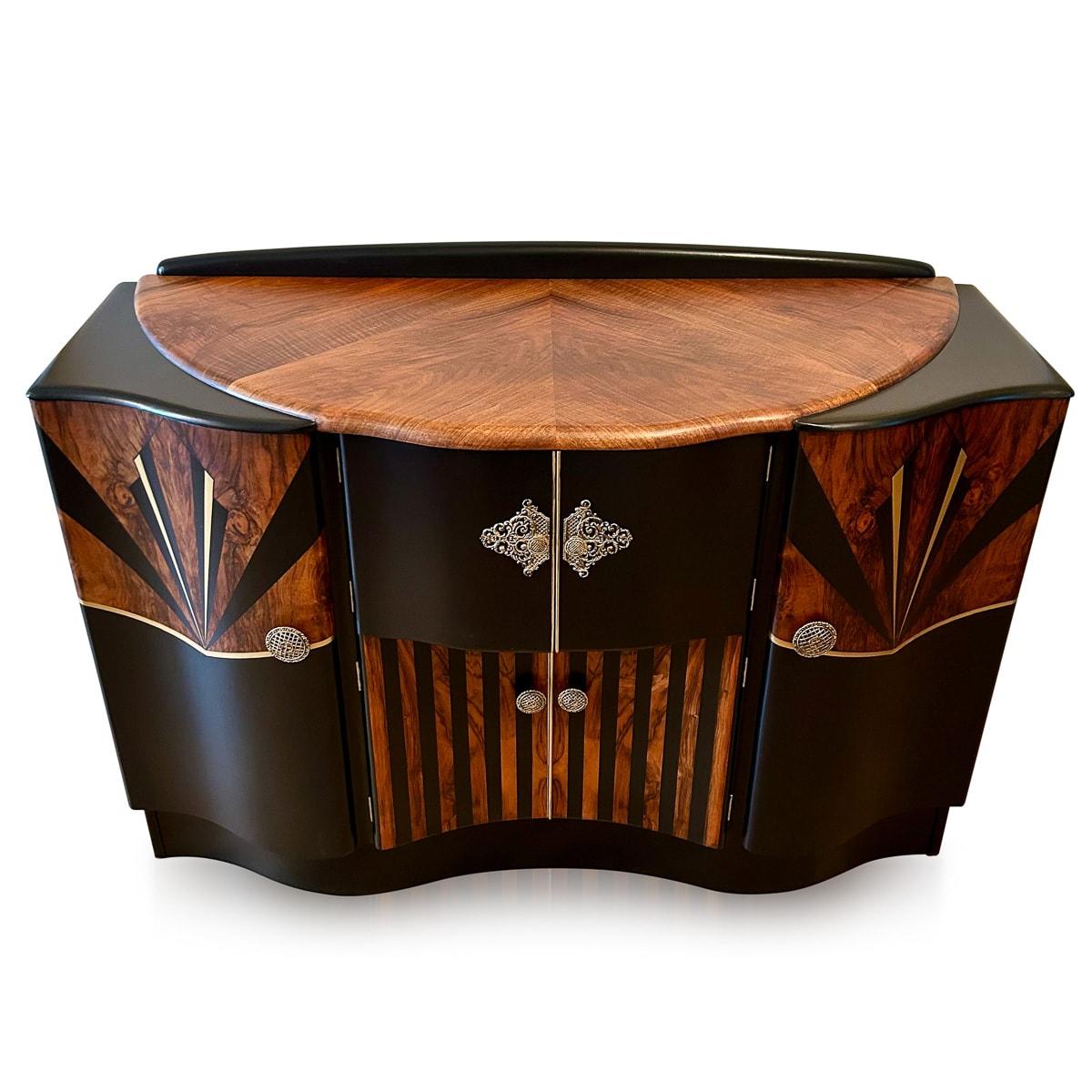 Stunning mid-20th Century Art Deco cocktail cabinet, meticulously crafted with exquisite attention to detail. This captivating piece features gracefully curved doors featuring hand painted motifs outside and inside, evoking a sense of luxury and