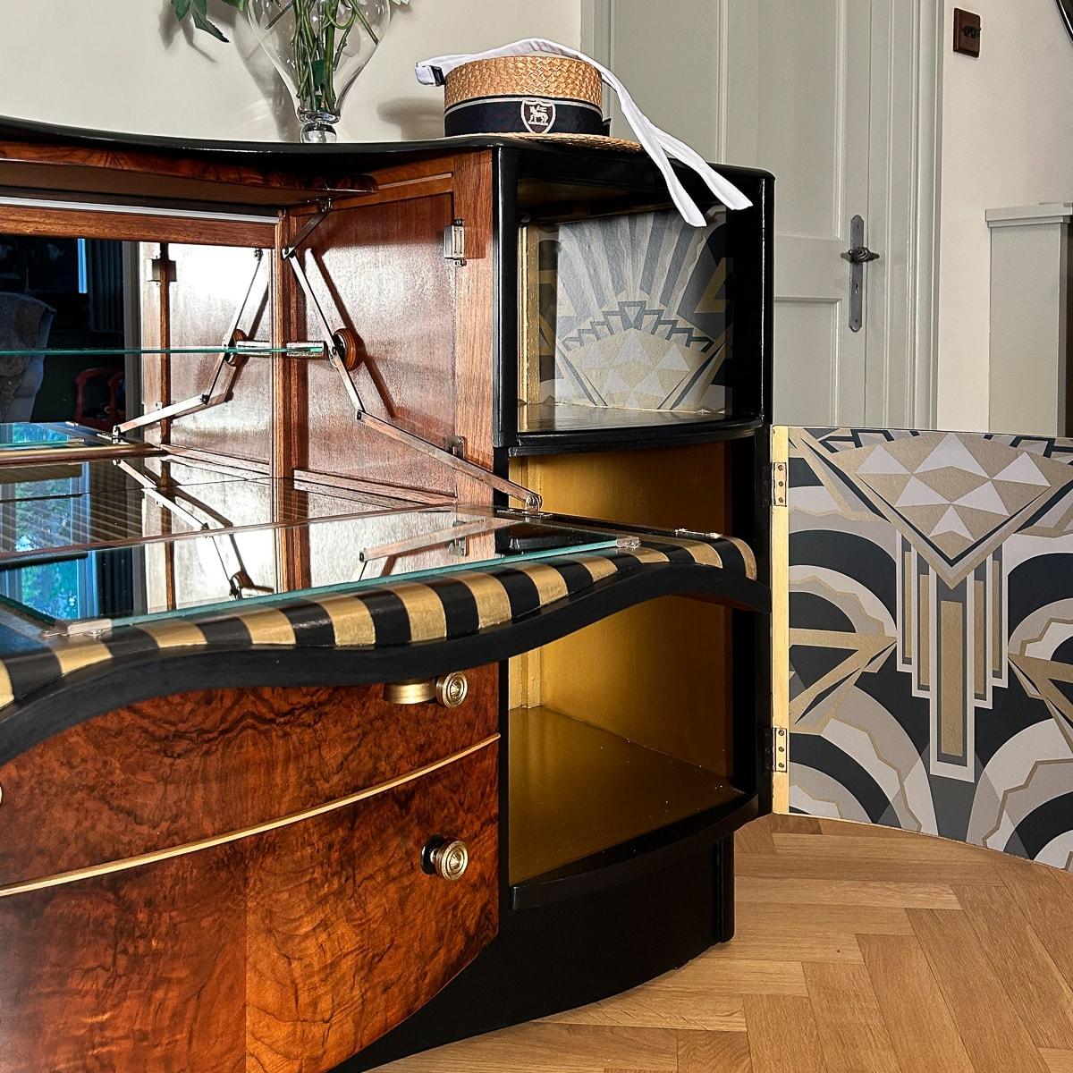 20th Century Art Deco Style Hand Painted Walnut Veneered Cocktail Bar Cabinet