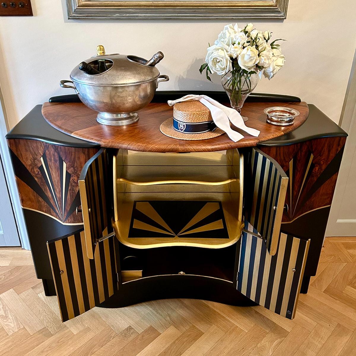 Wood Art Deco Style Hand Painted Walnut Veneered Cocktail Bar Cabinet For Sale