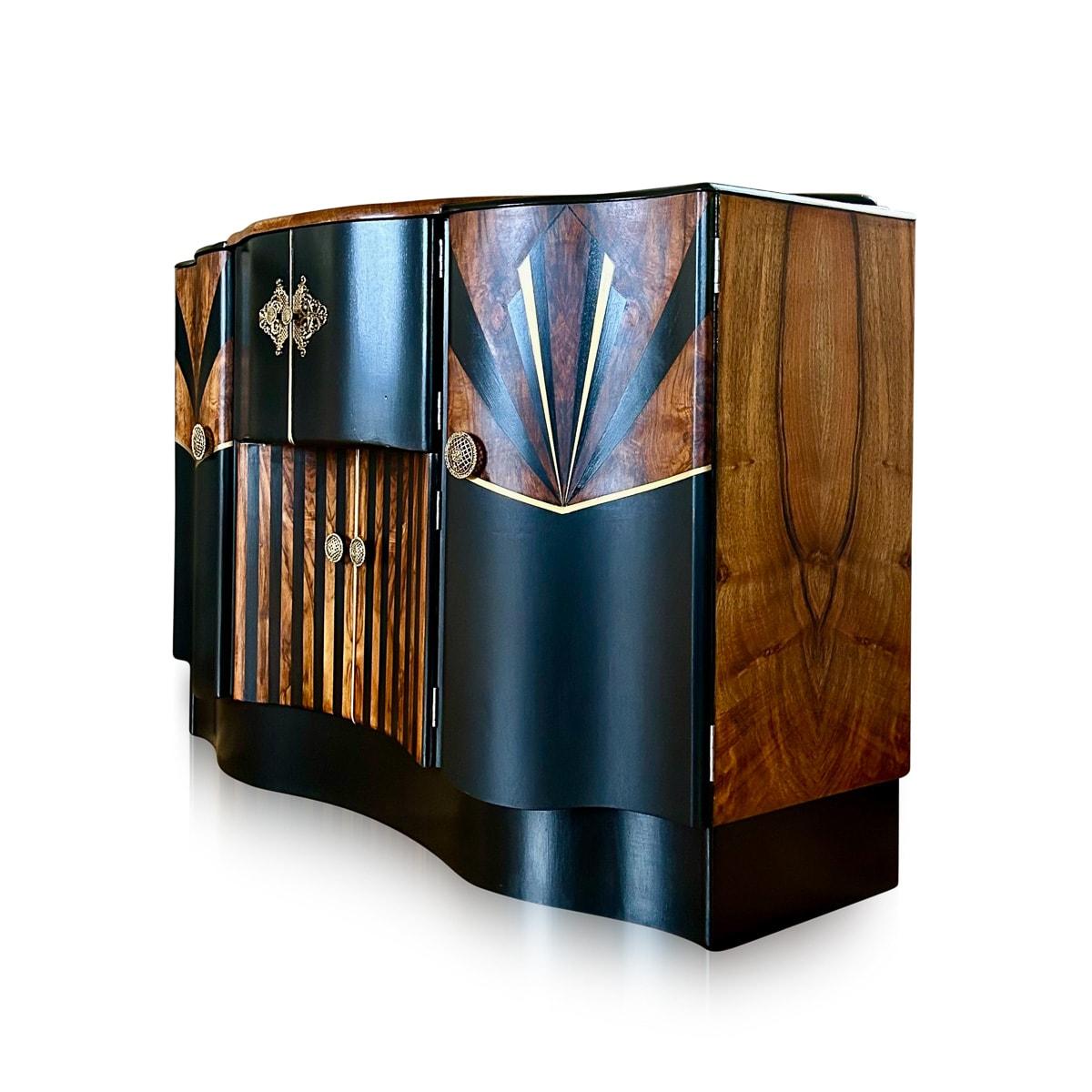 Art Deco Style Hand Painted Walnut Veneered Cocktail Bar Cabinet For Sale 3