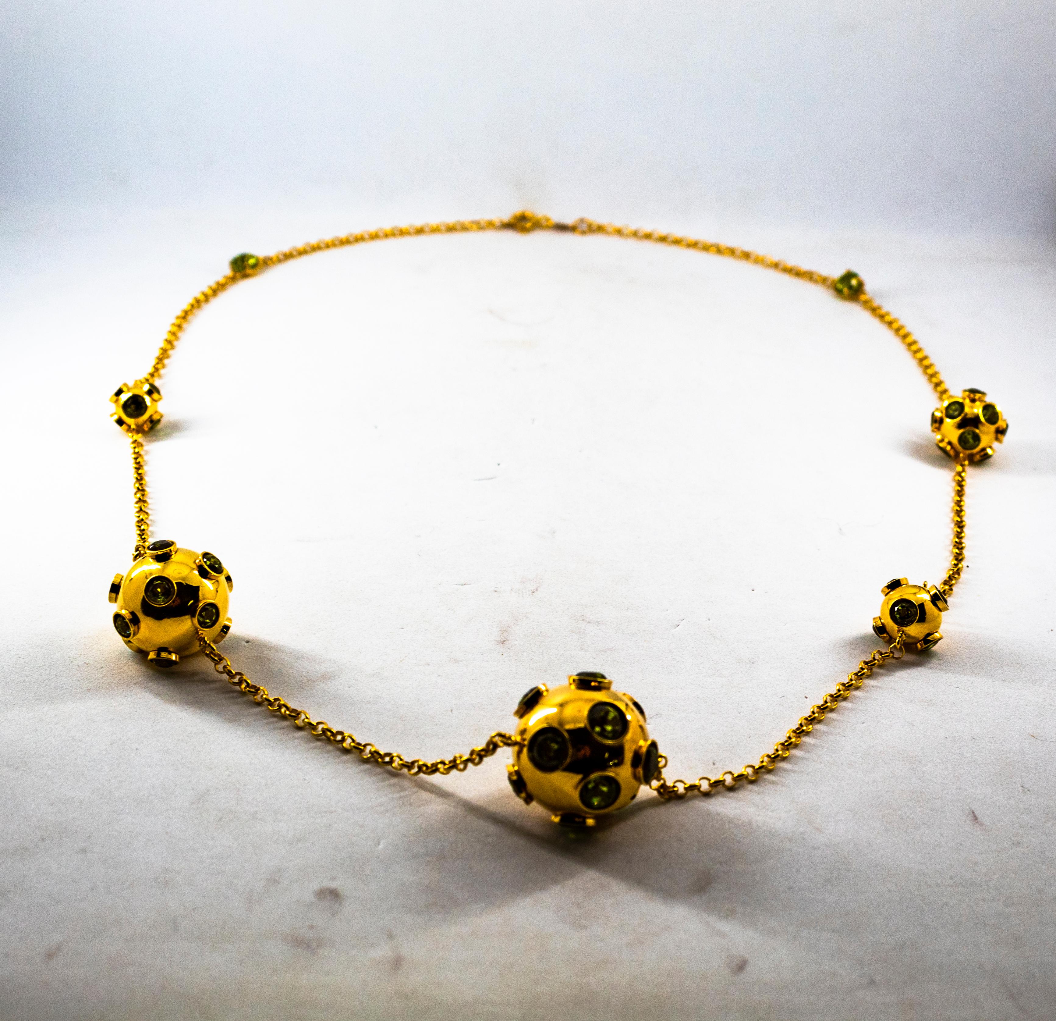 This Necklace is made of 9K Yellow Gold.
This Necklace has 30.50 Carats of Peridot.
This Necklace is inspired by Art Deco.

The Necklace Length is 68cm.

This Necklace is available also in a longer version.
This Necklace has also its matching