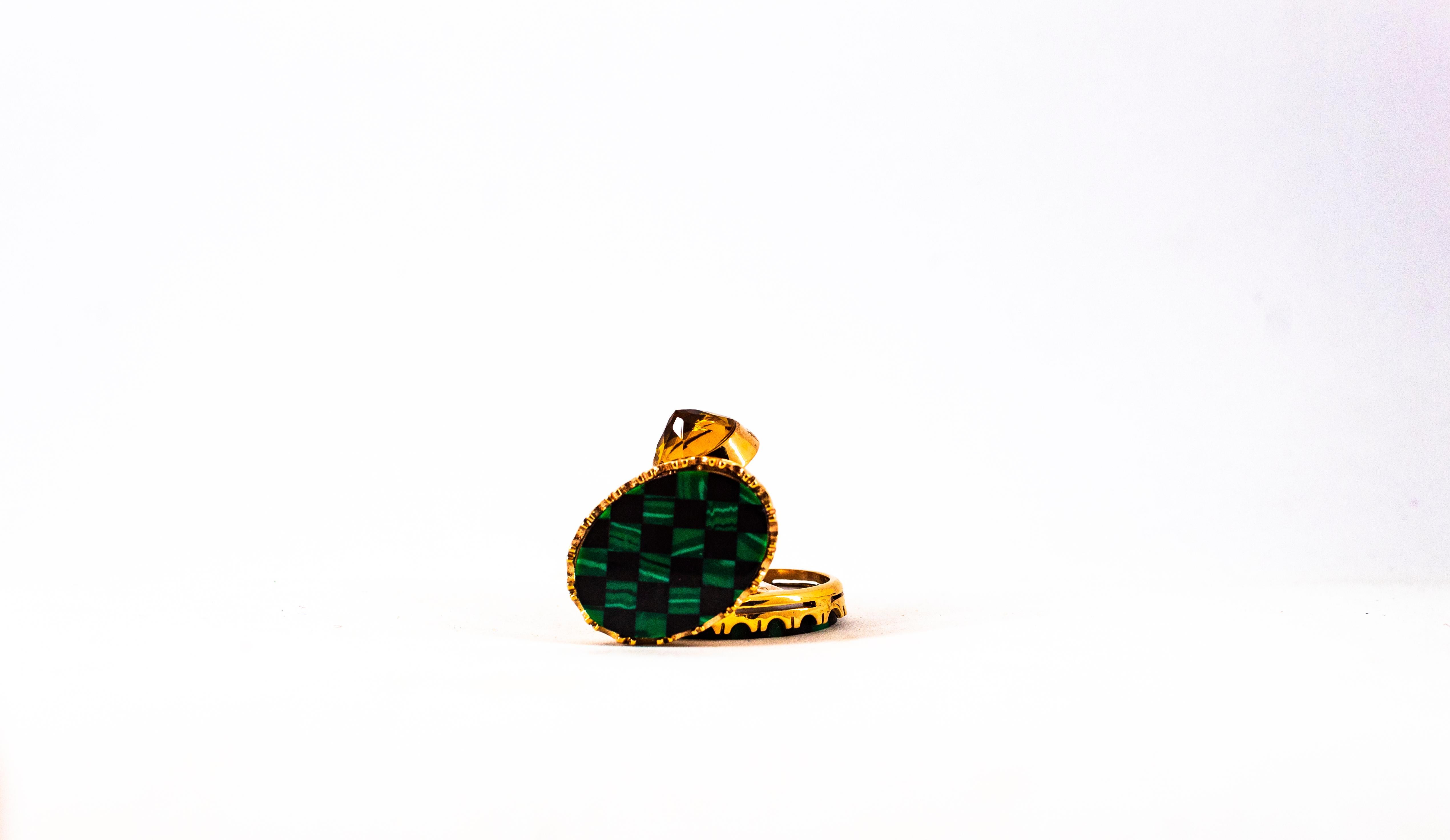 Art Deco Style Handcrafted 3.50 Carat Citrine Malachite Yellow Gold Cufflinks For Sale 5