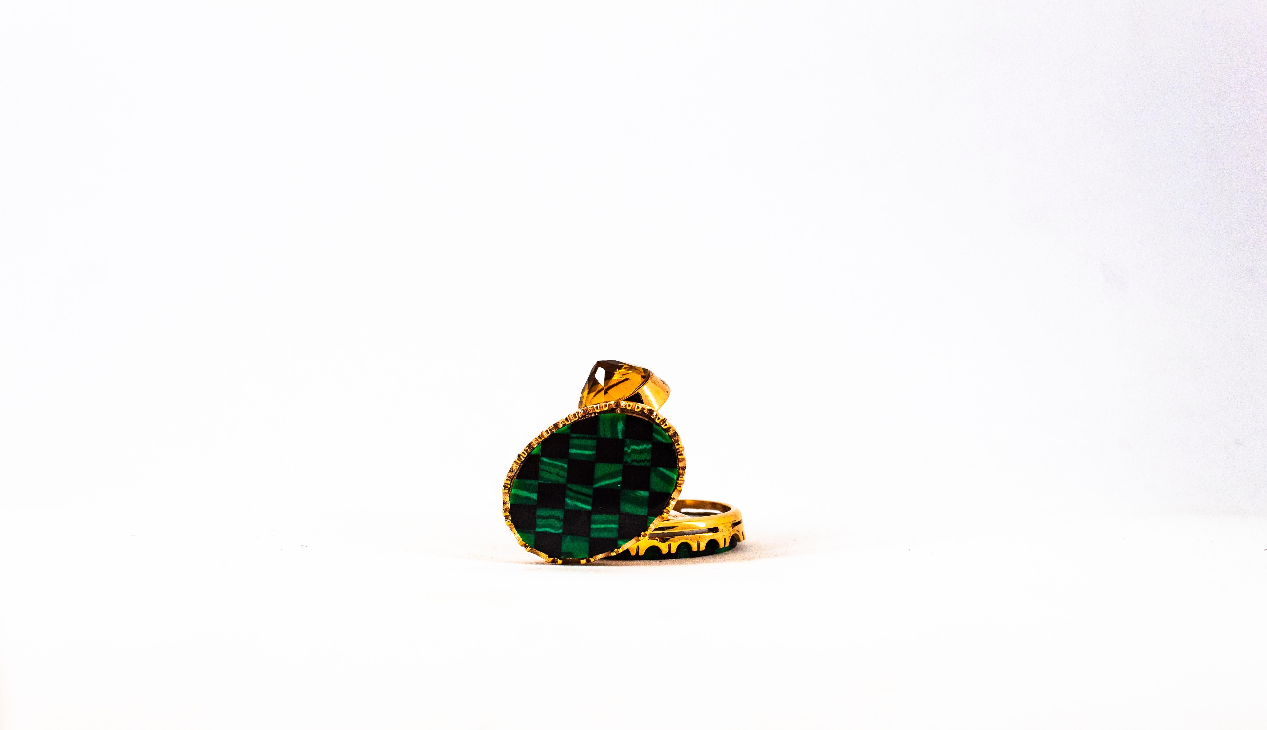 Art Deco Style Handcrafted 3.50 Carat Citrine Malachite Yellow Gold Cufflinks For Sale 6