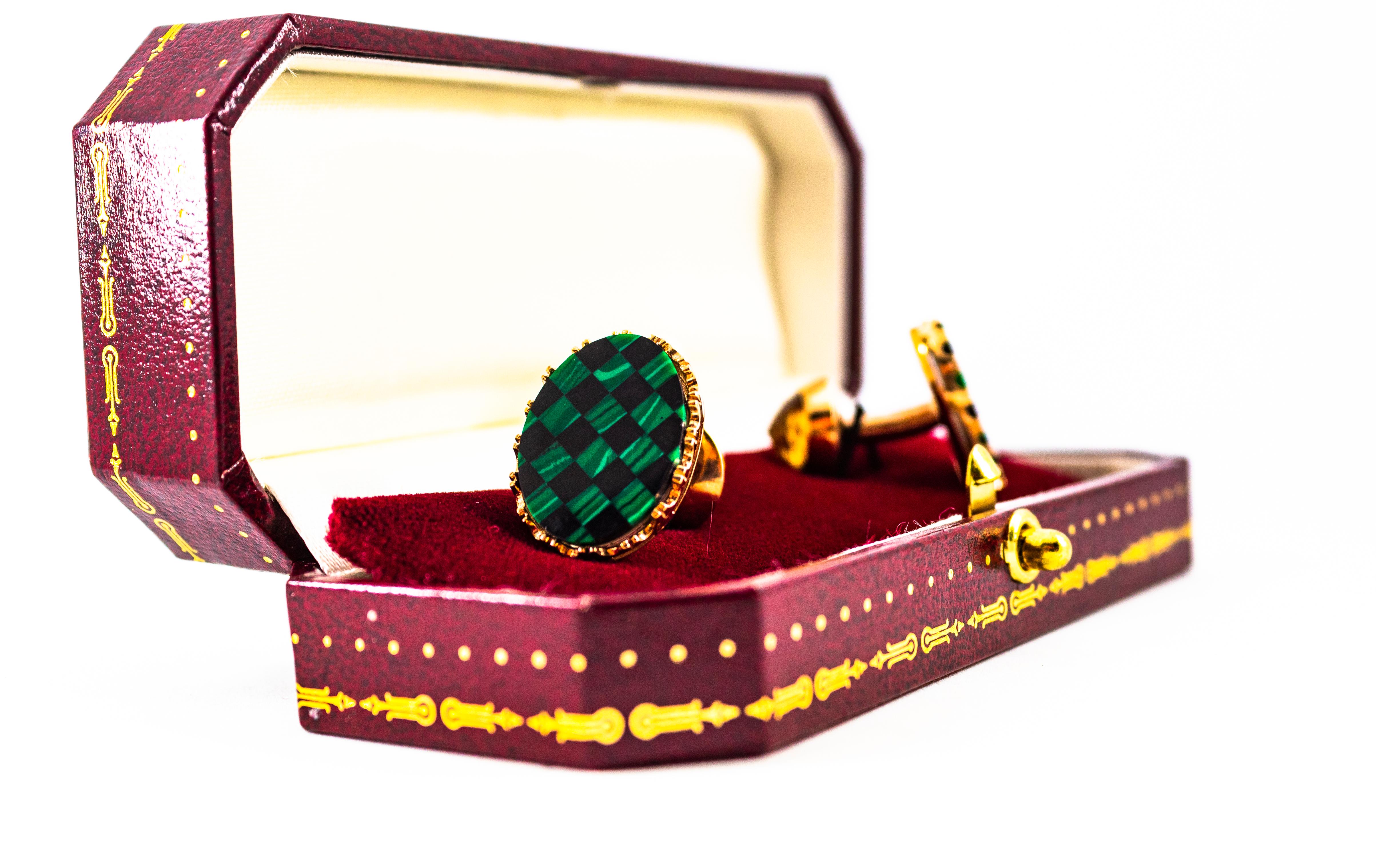 Art Deco Style Handcrafted 3.50 Carat Citrine Malachite Yellow Gold Cufflinks For Sale 8