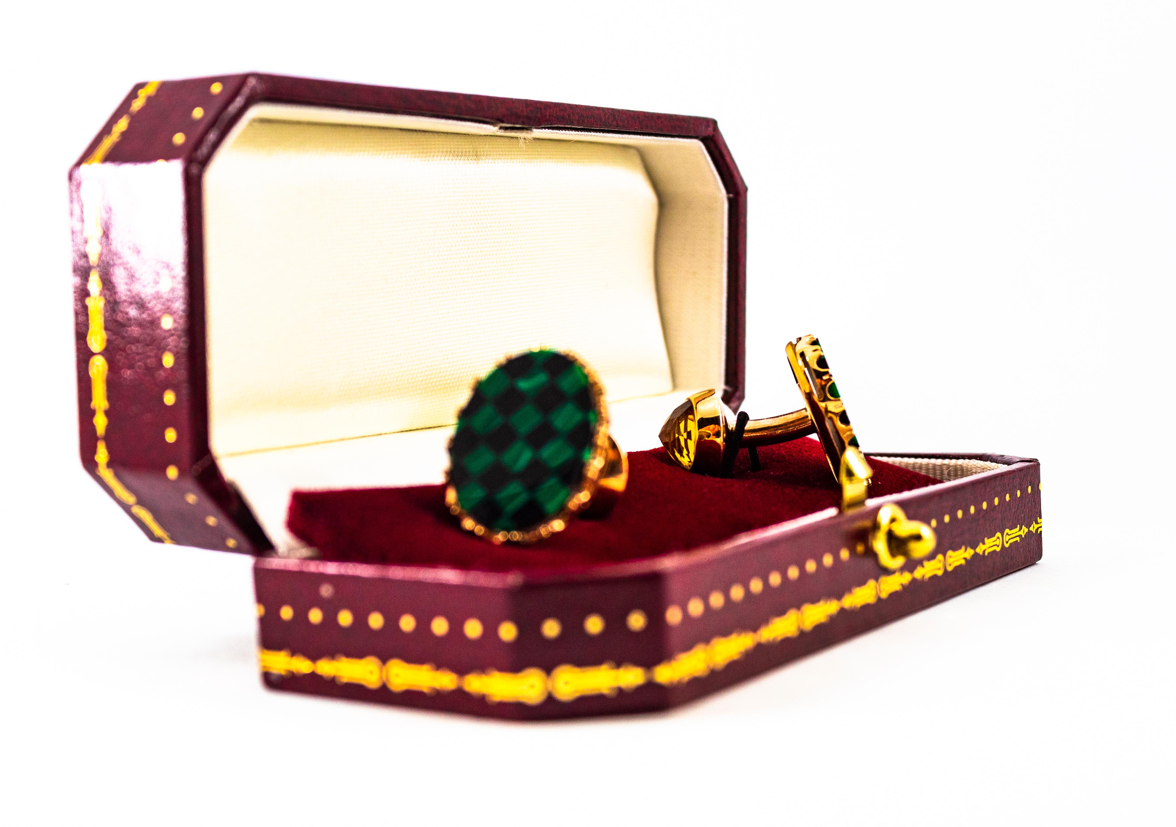Art Deco Style Handcrafted 3.50 Carat Citrine Malachite Yellow Gold Cufflinks For Sale 9