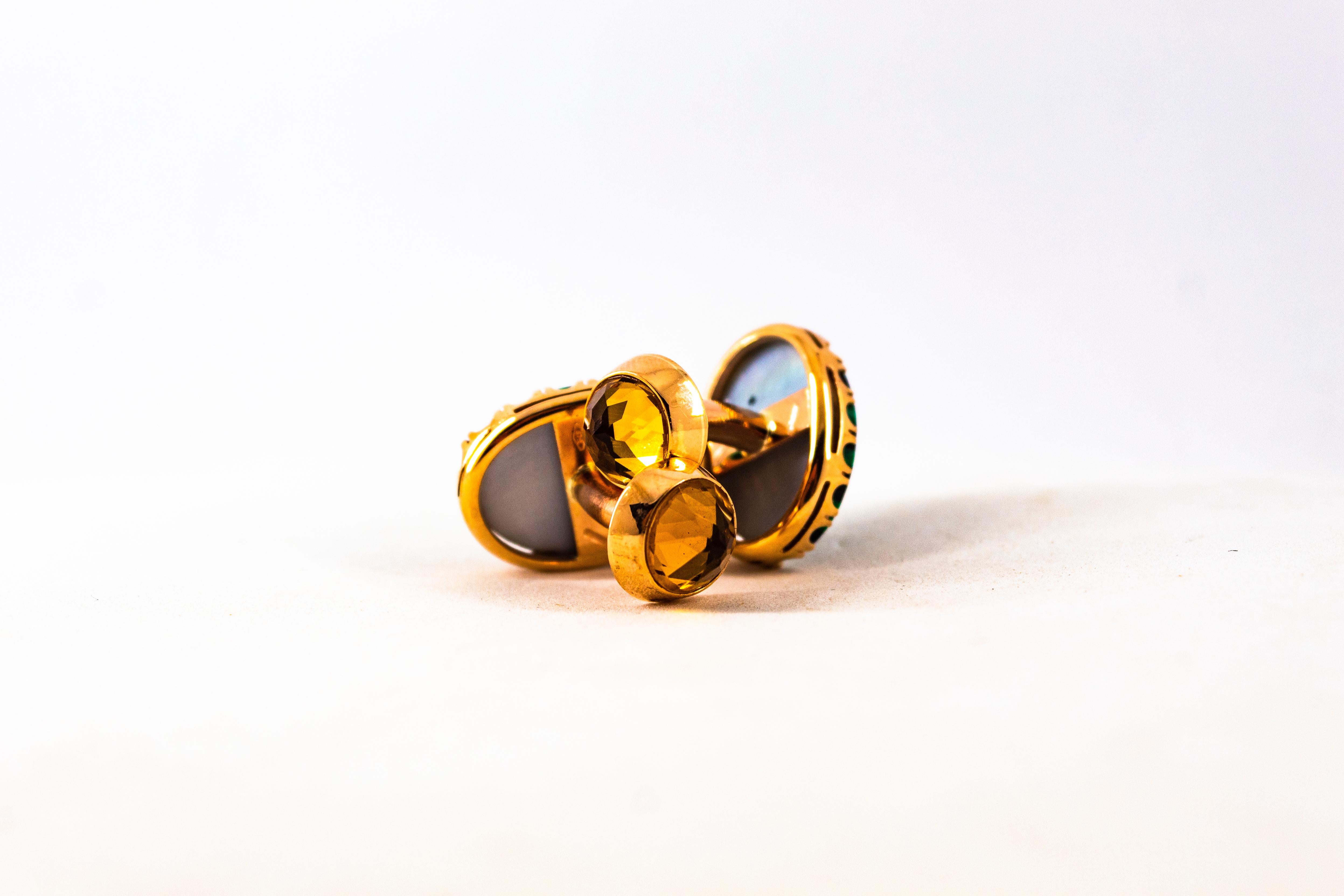 Women's or Men's Art Deco Style Handcrafted 3.50 Carat Citrine Malachite Yellow Gold Cufflinks For Sale