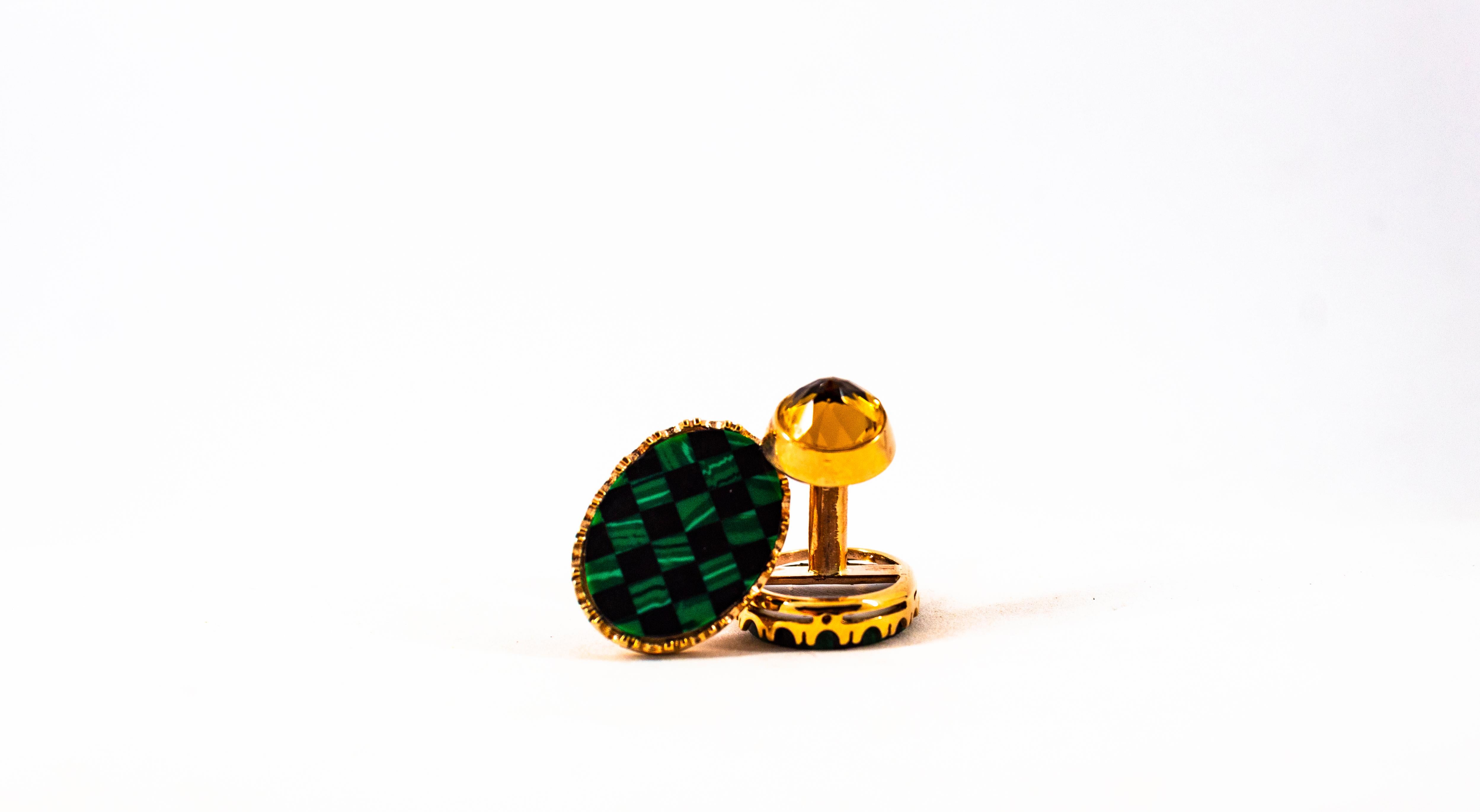 Art Deco Style Handcrafted 3.50 Carat Citrine Malachite Yellow Gold Cufflinks For Sale 3