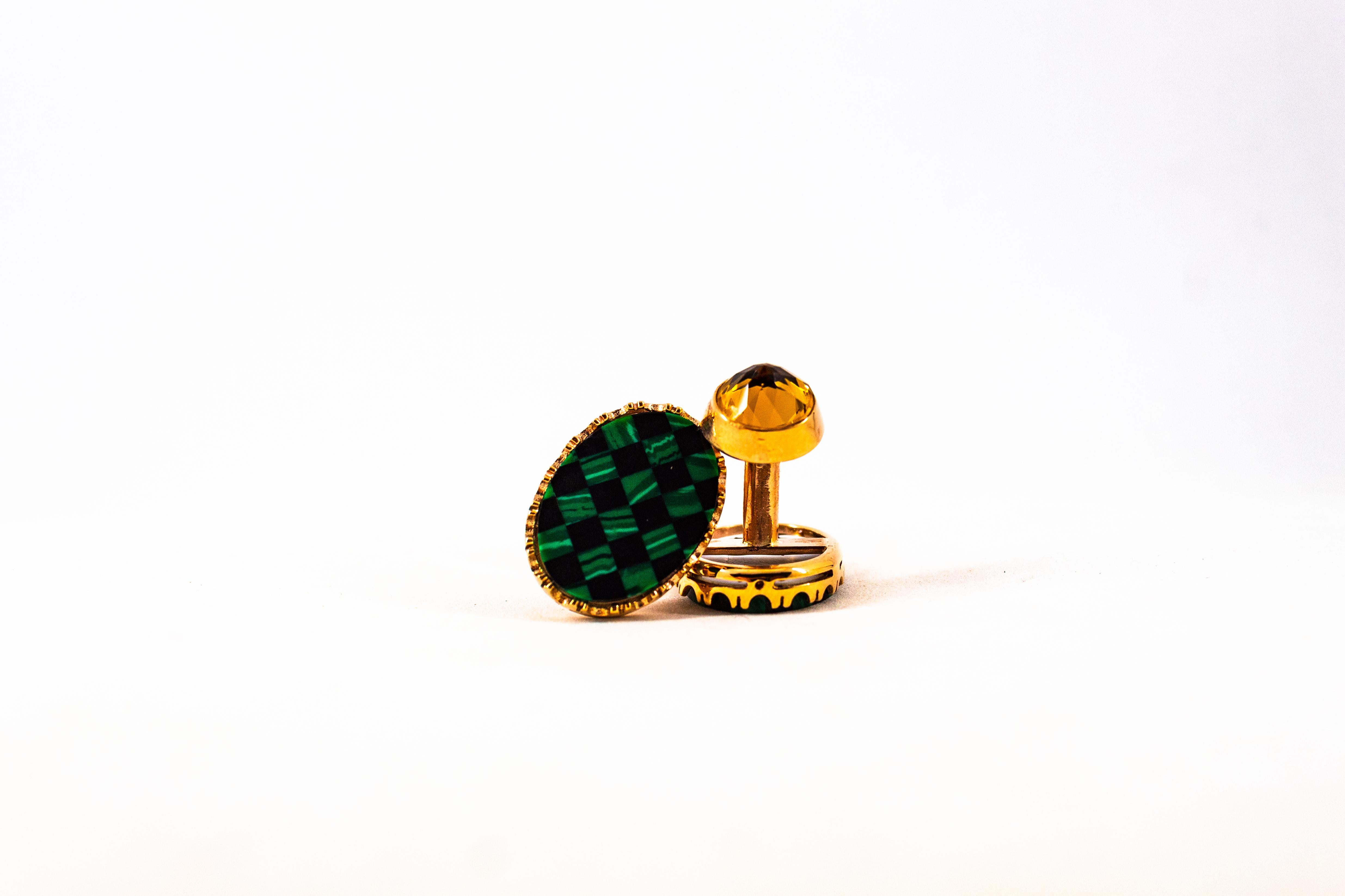 Art Deco Style Handcrafted 3.50 Carat Citrine Malachite Yellow Gold Cufflinks For Sale 4