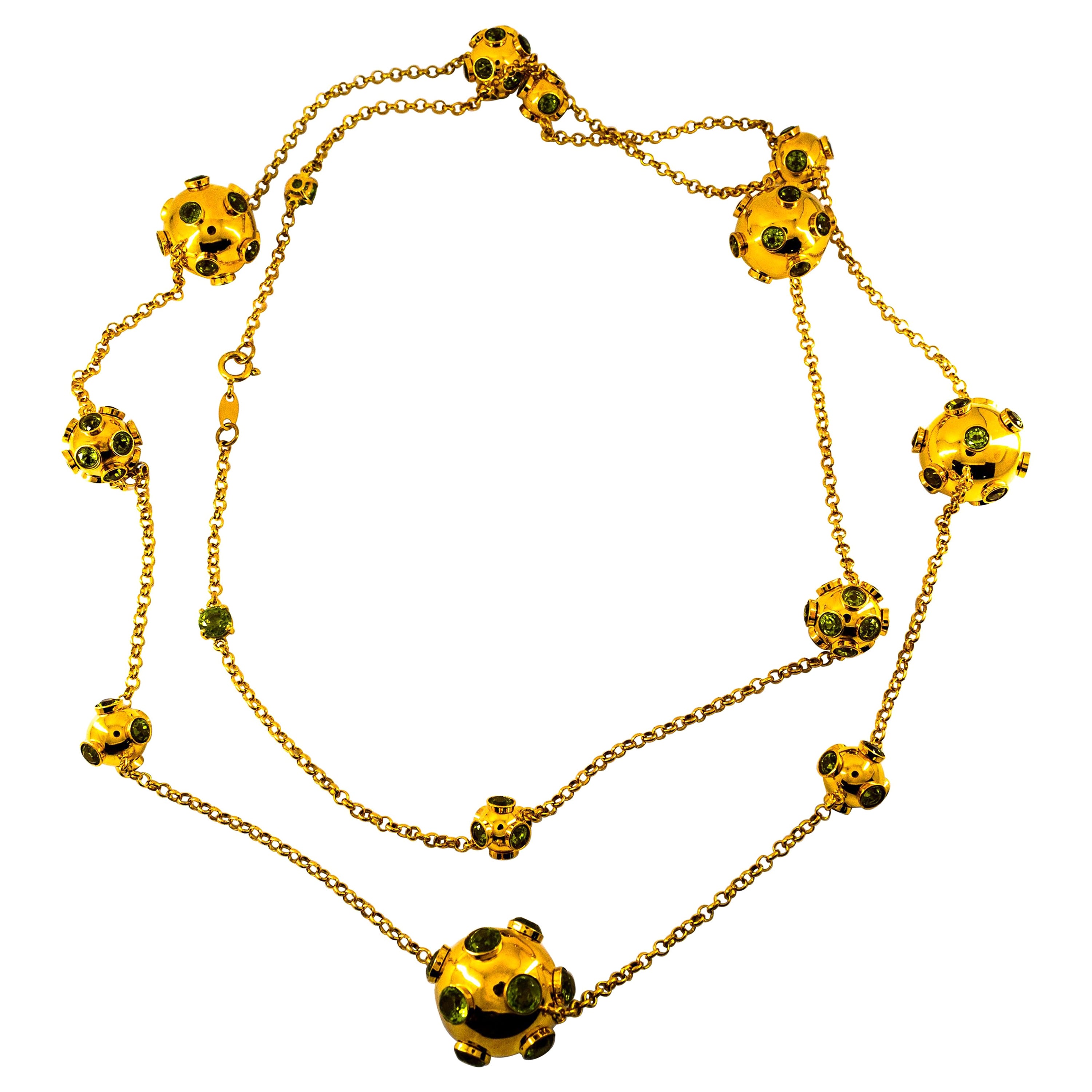 Art Deco Style Handcrafted 50.00 Carat Peridot Yellow Gold Drop Necklace