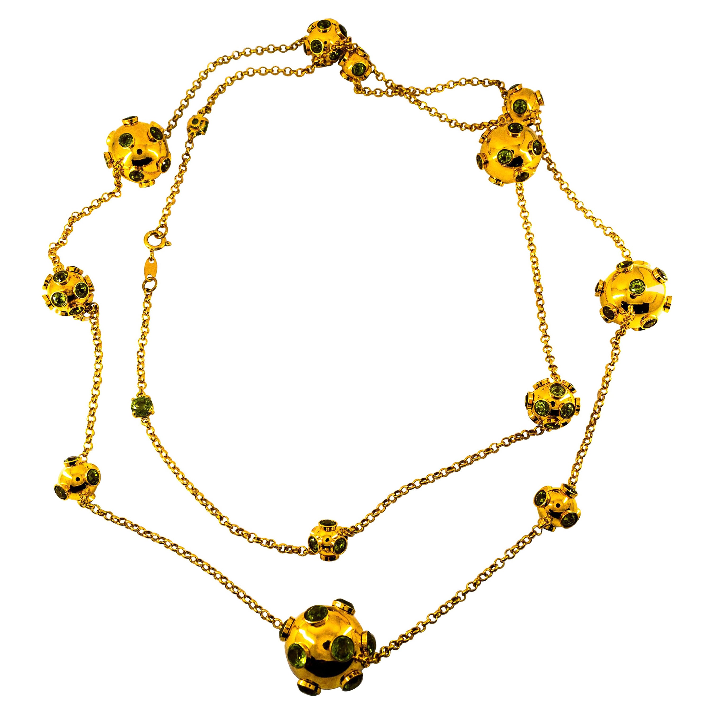 Handgefertigte Gelbgold-Tropfen-Halskette im Art-déco-Stil mit 50.00 Karat Peridot in Gelbgold im Angebot