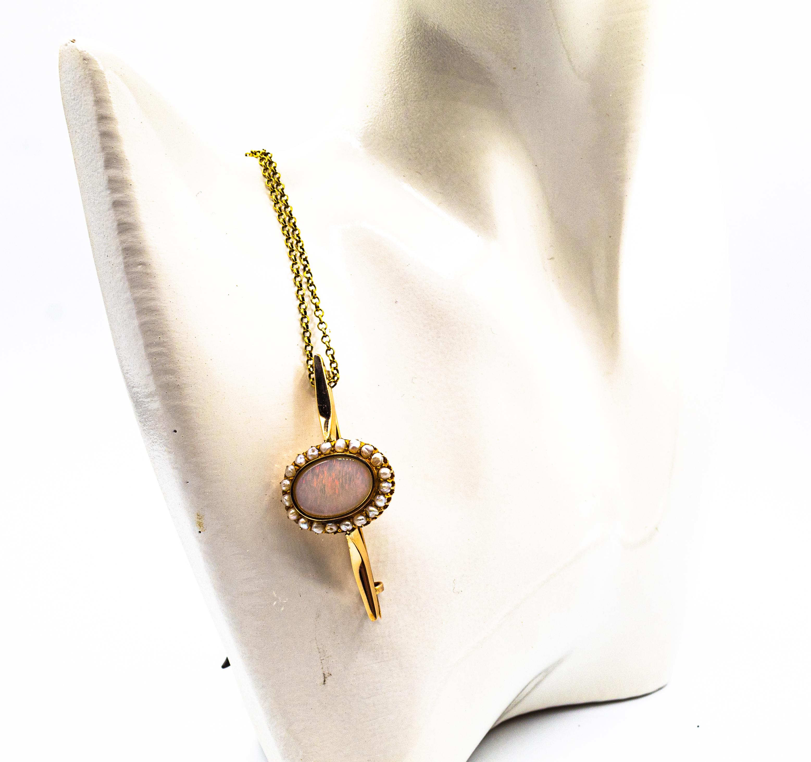 Art Deco Style Handcrafted 6.30 Carat Oval Cut Opal Pearl Yellow Gold Brooch For Sale 2