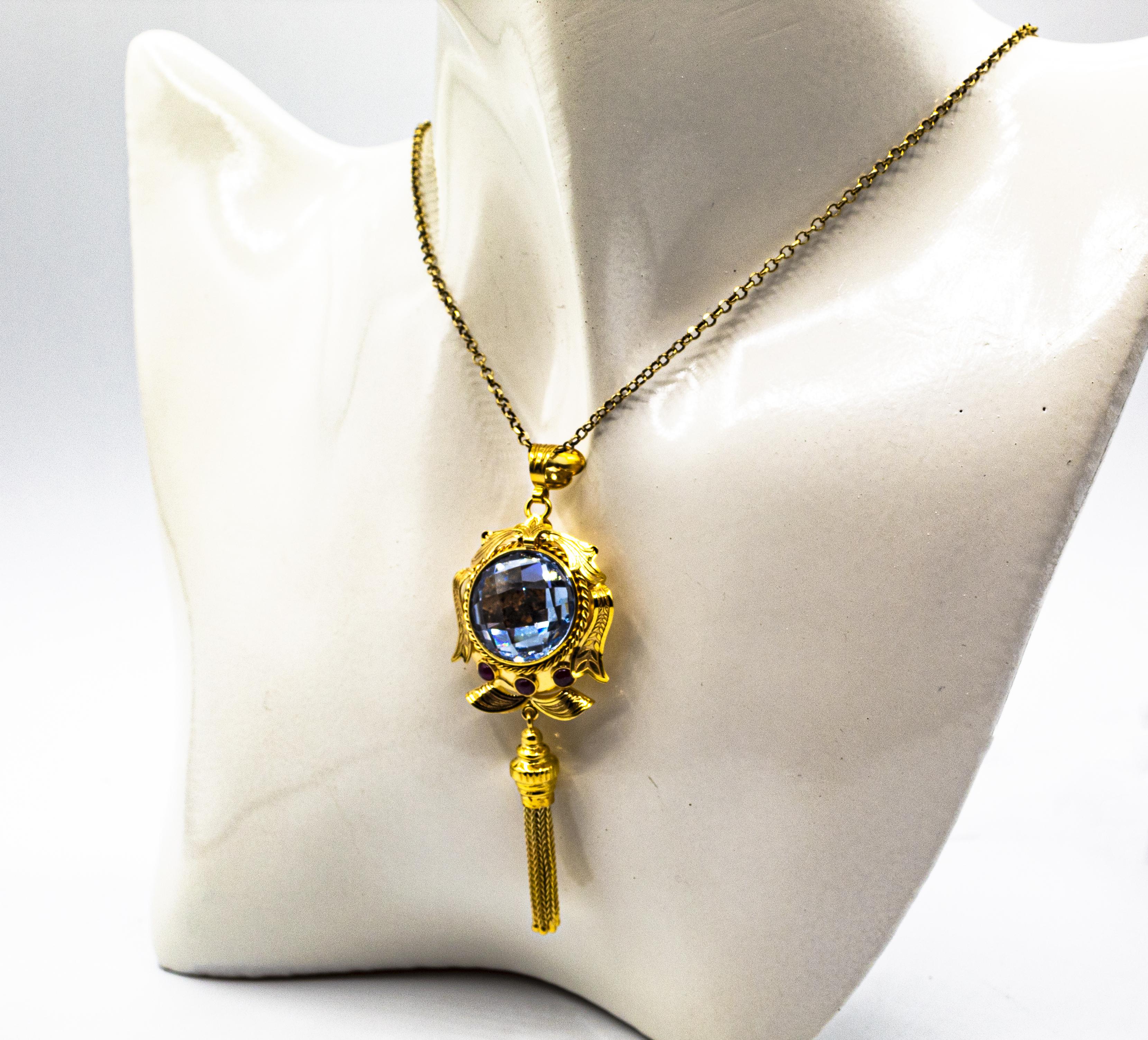 Collier pendentif de style Art déco en or jaune avec topaze bleue et rubis, fabriqué à la main en vente 5