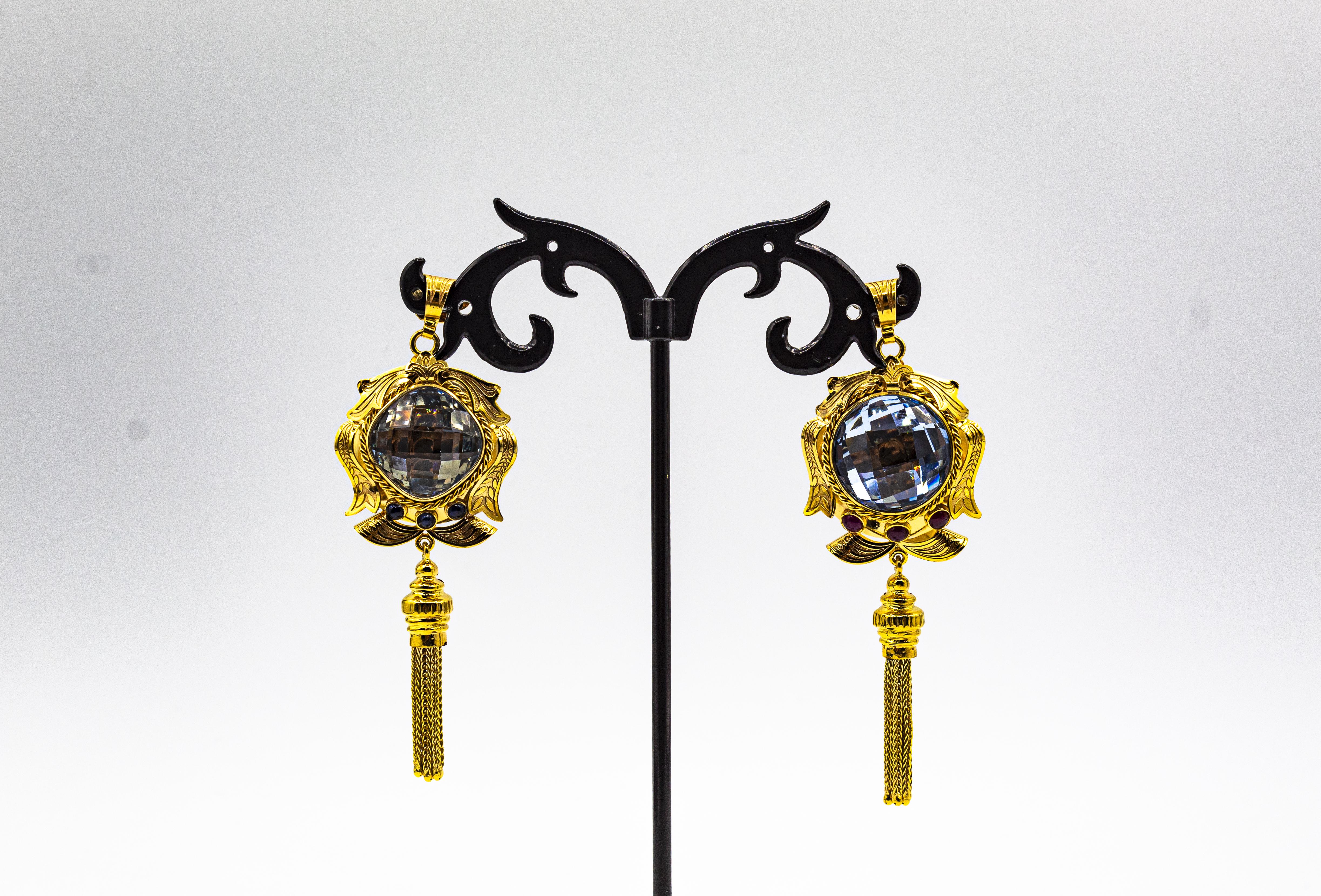 Collier pendentif de style Art déco en or jaune avec topaze bleue et rubis, fabriqué à la main en vente 6