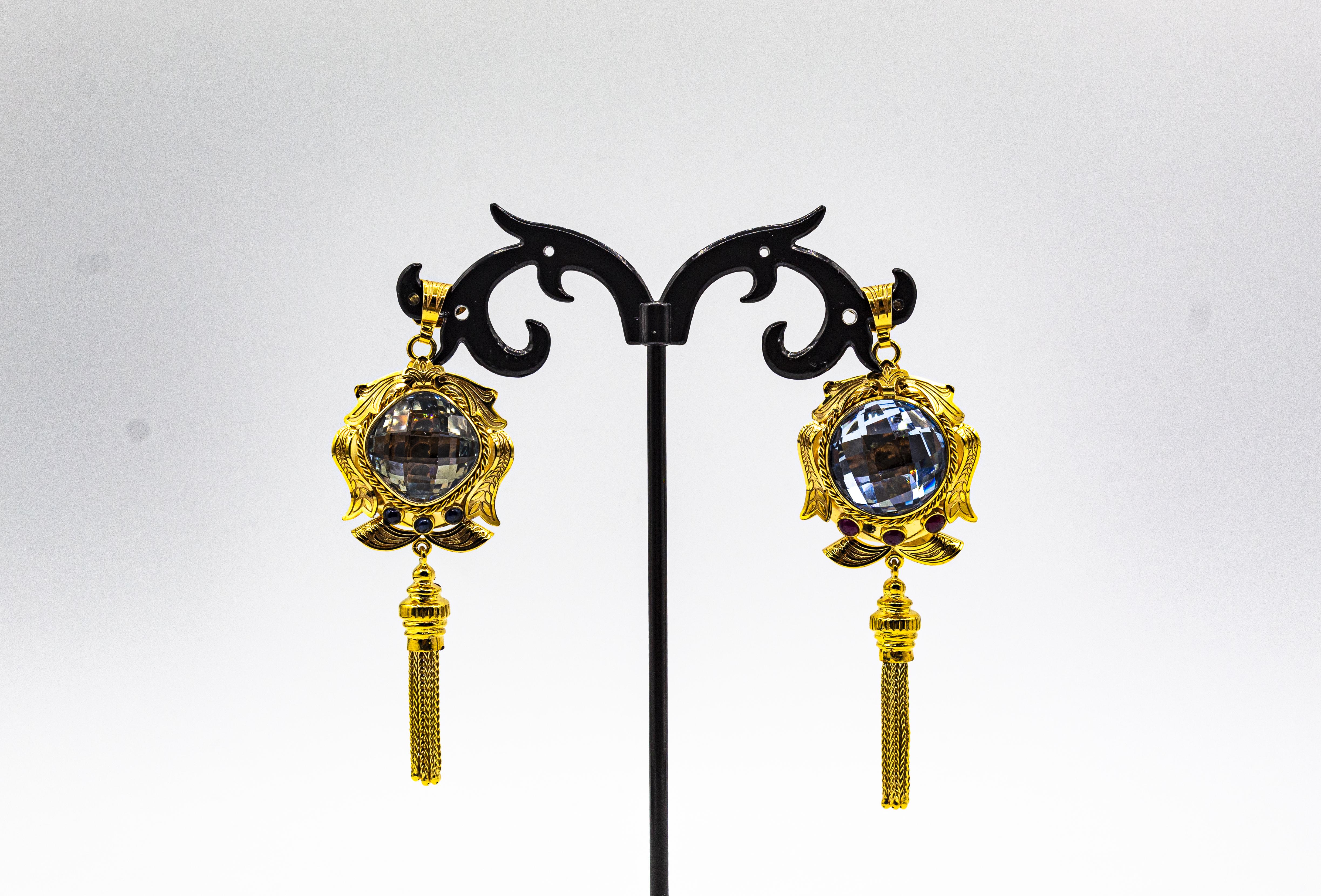 Art Deco Style Handcrafted Blue Topaz Ruby Yellow Gold Pendant Necklace For Sale 7