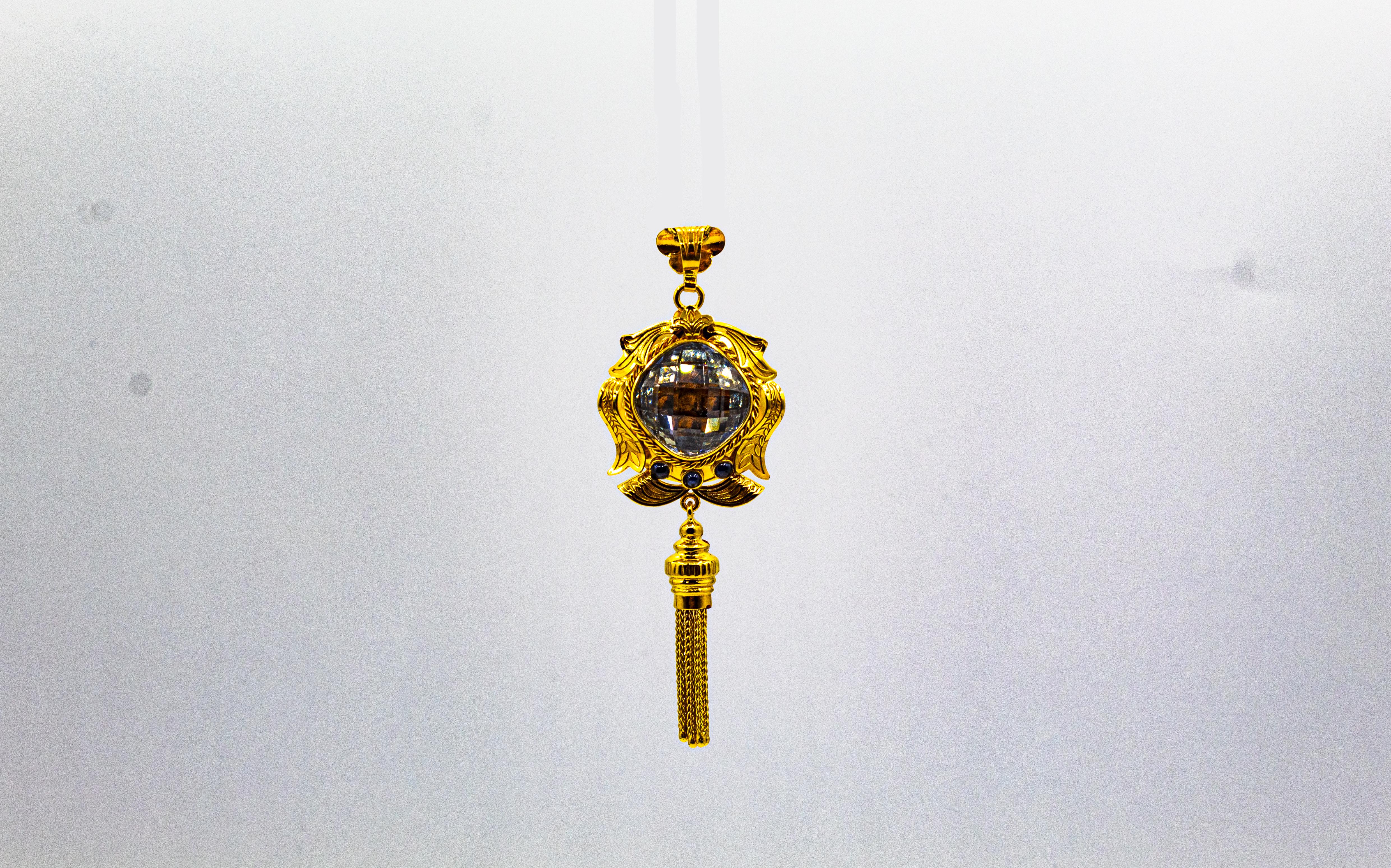 Collier pendentif de style Art déco en or jaune avec topaze bleue et rubis, fabriqué à la main en vente 8