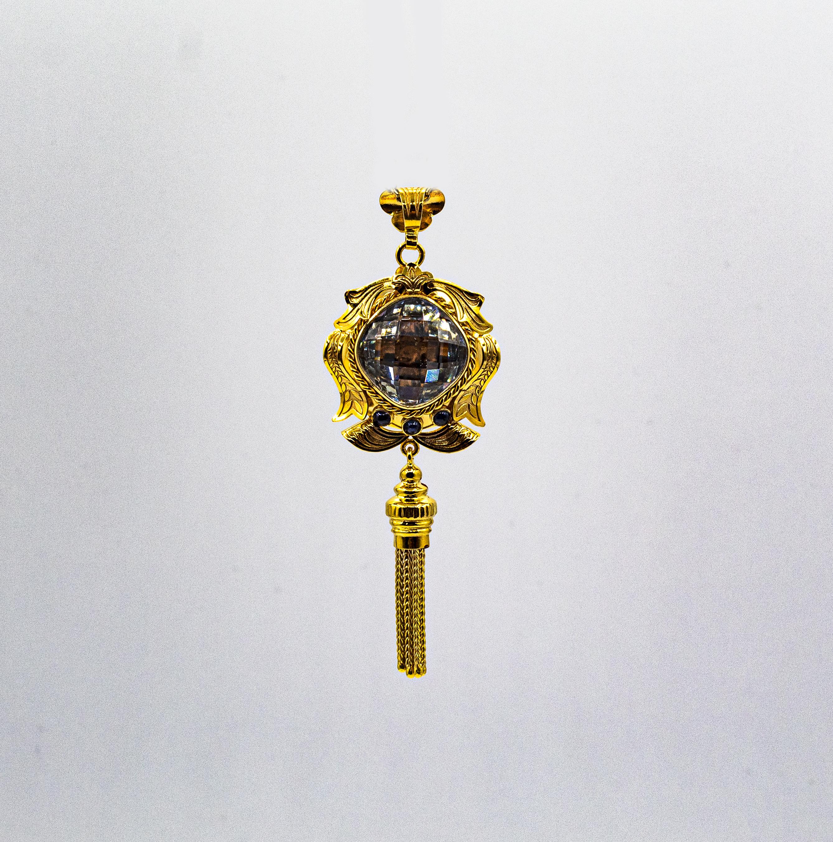 Art Deco Style Handcrafted Blue Topaz Ruby Yellow Gold Pendant Necklace For Sale 10