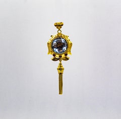 Art Deco Style Handcrafted Blue Topaz Ruby Yellow Gold Pendant Necklace