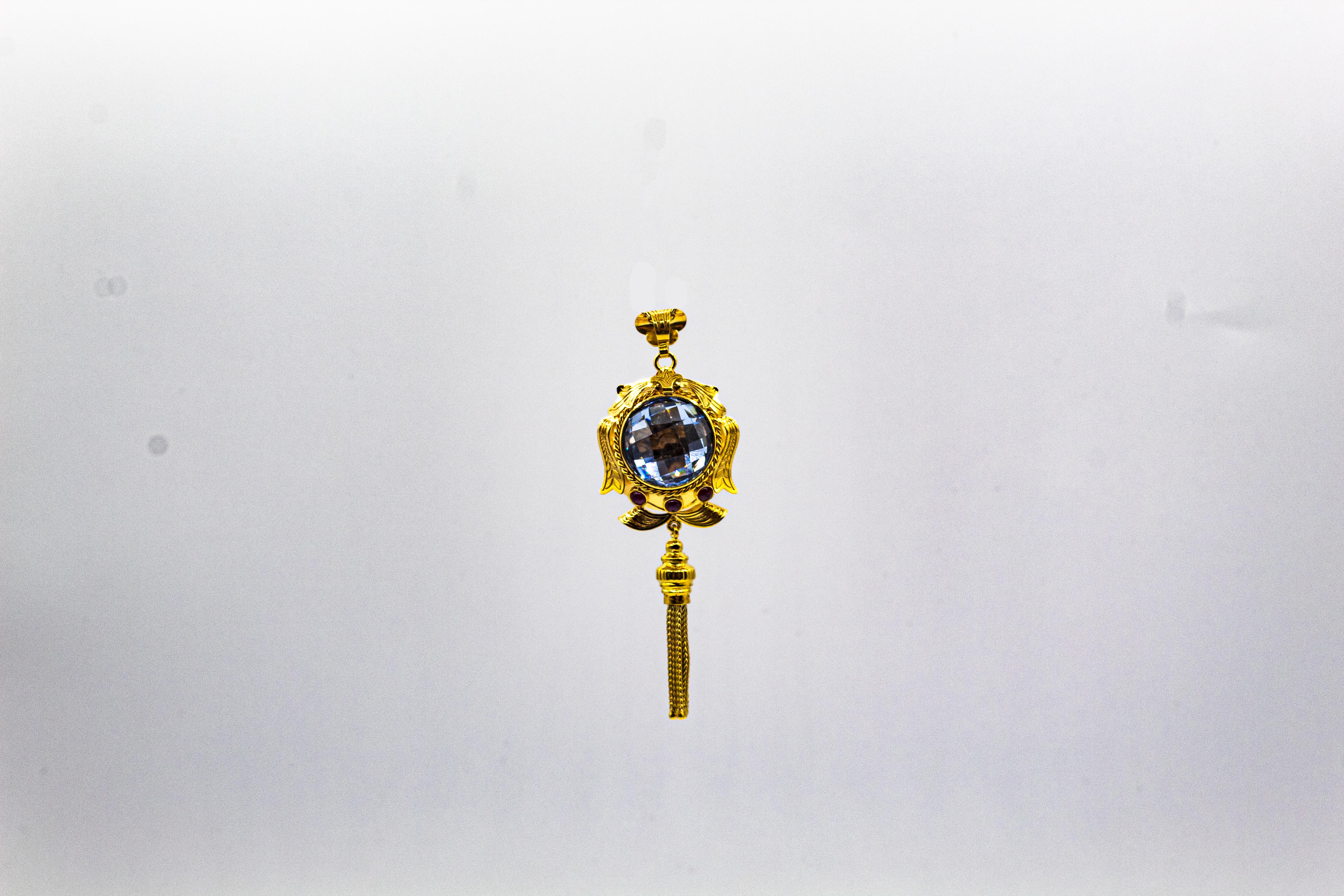 Cabochon Art Deco Style Handcrafted Blue Topaz Ruby Yellow Gold Pendant Necklace For Sale
